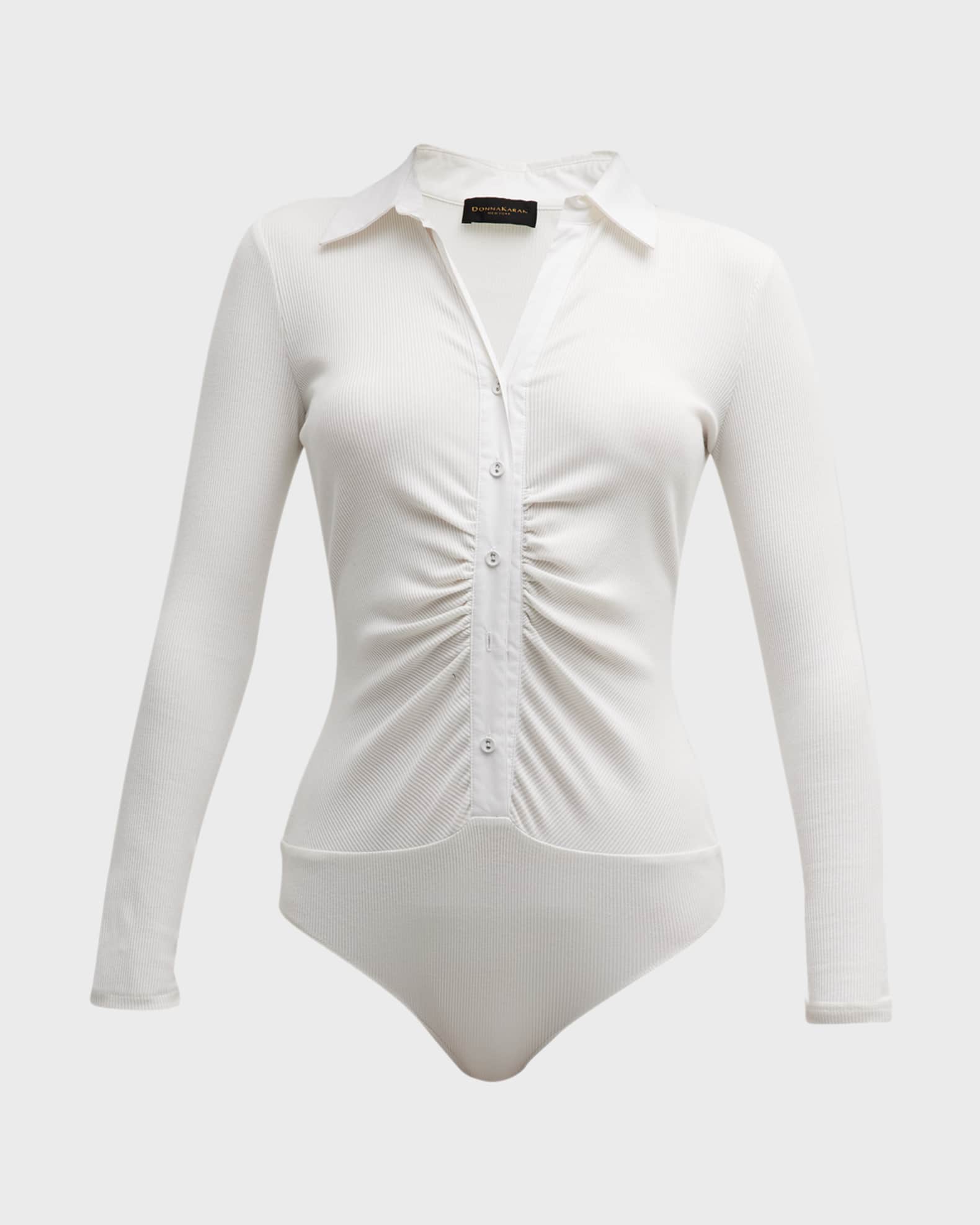 Donna Karan Ribbed Ruched ButtonDown Bodysuit Neiman Marcus