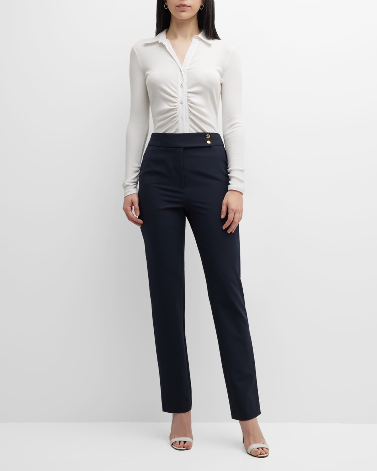 Donna Karan Ribbed Ruched ButtonDown Bodysuit Neiman Marcus
