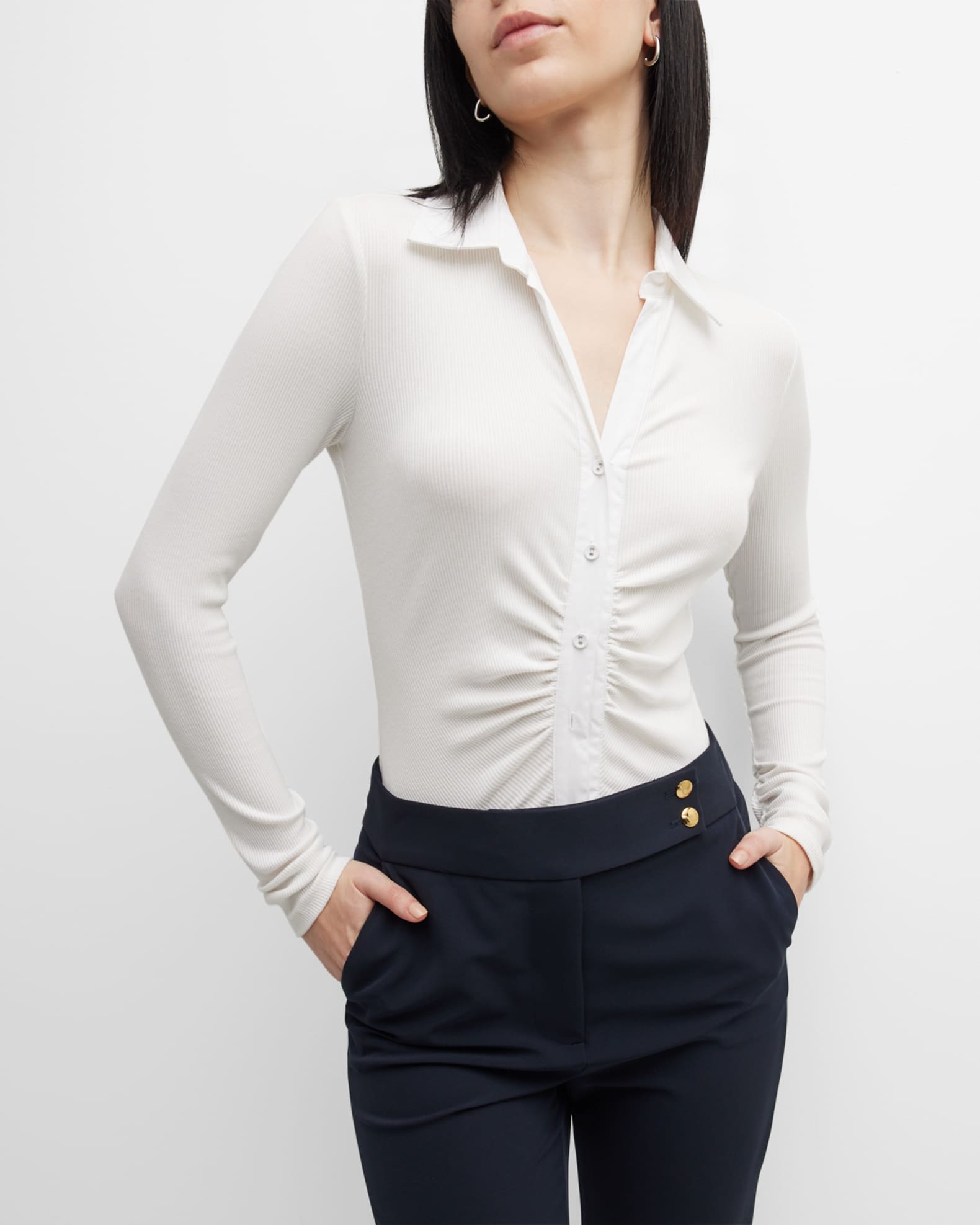 Donna Karan Ribbed Ruched ButtonDown Bodysuit Neiman Marcus