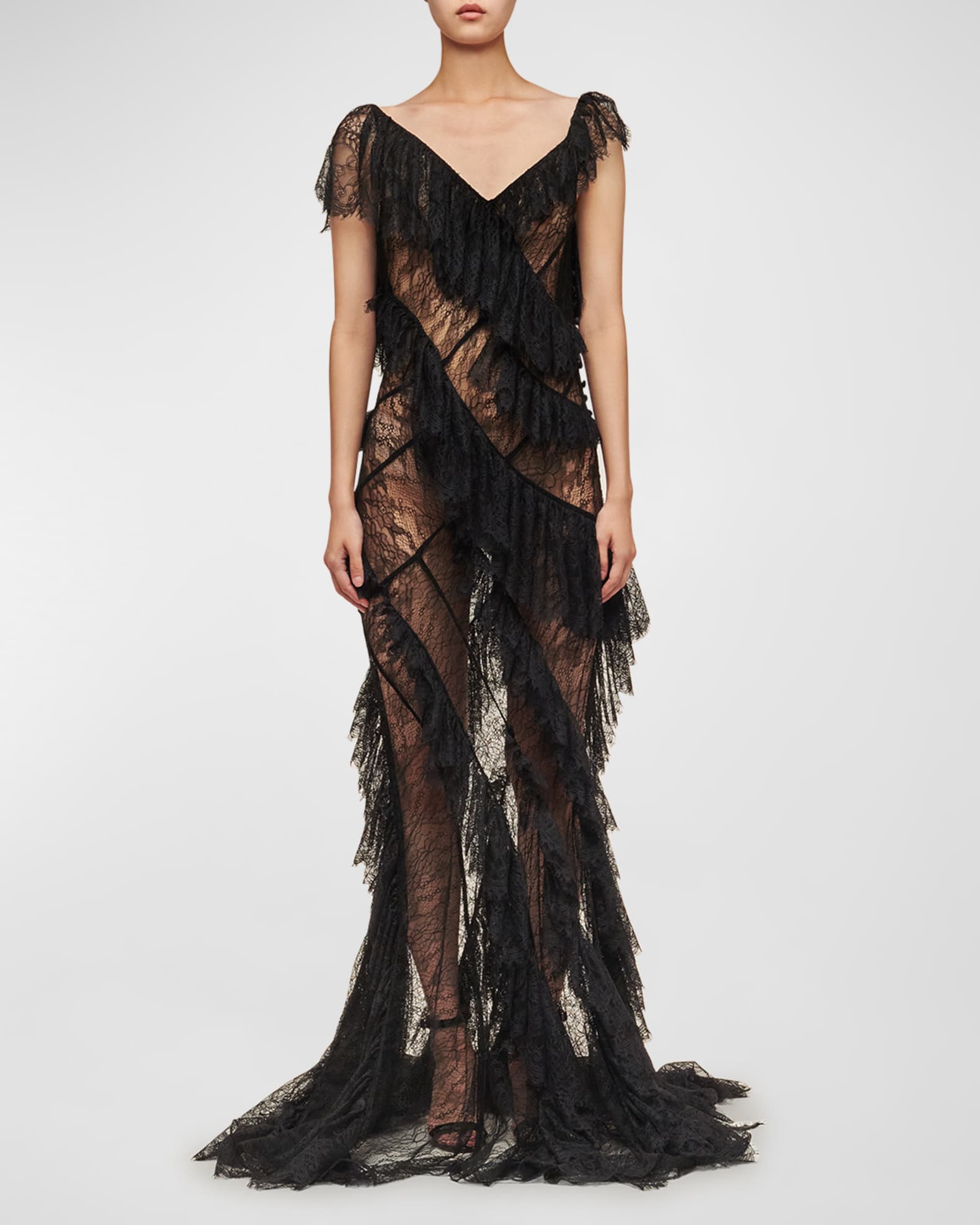 INTERIOR Cosmos Cascading Ruffle Sheer Open-Back Lace Gown | Neiman Marcus