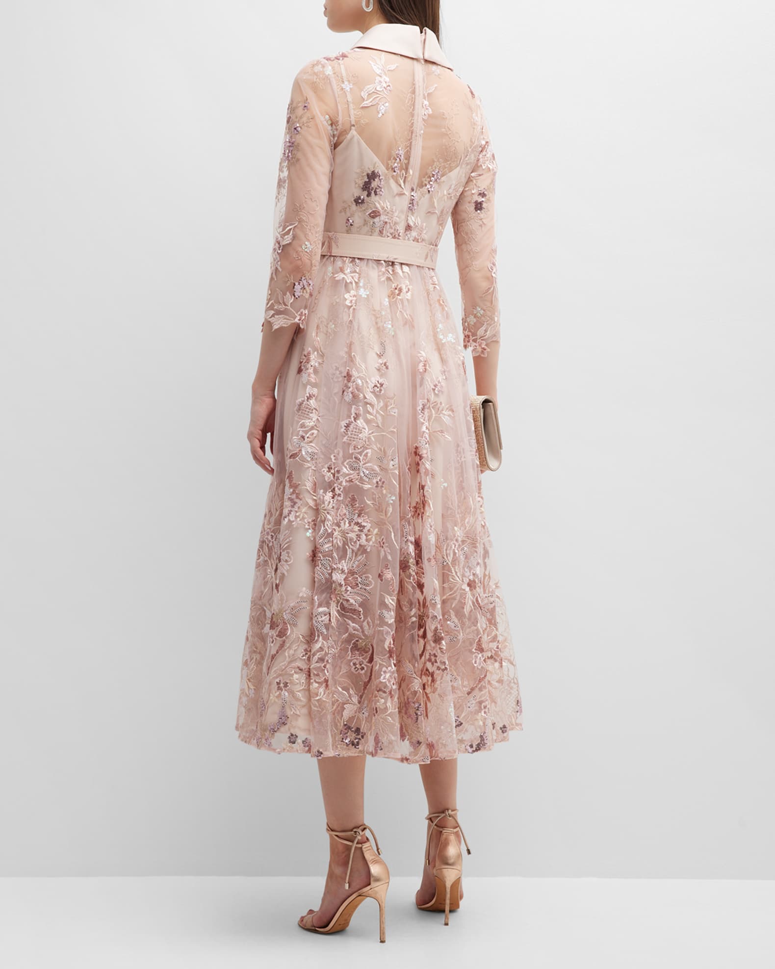 Badgley Mischka Collection Floral Embroidered Sequin Midi Shirtdress Neiman Marcus 6734