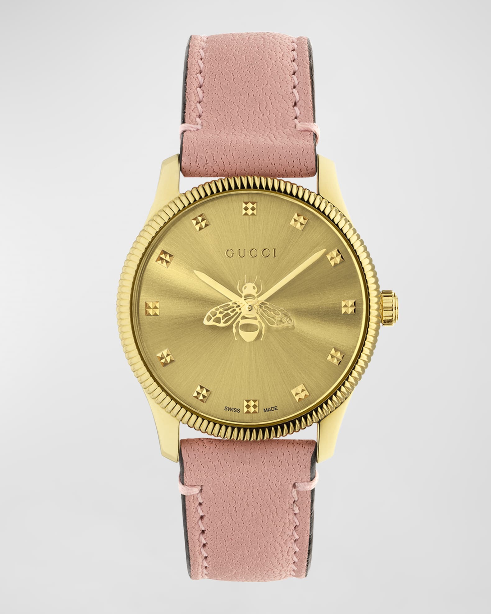 Gucci 29mm Bee Logo PVD Watch with Light Pink Leather Strap