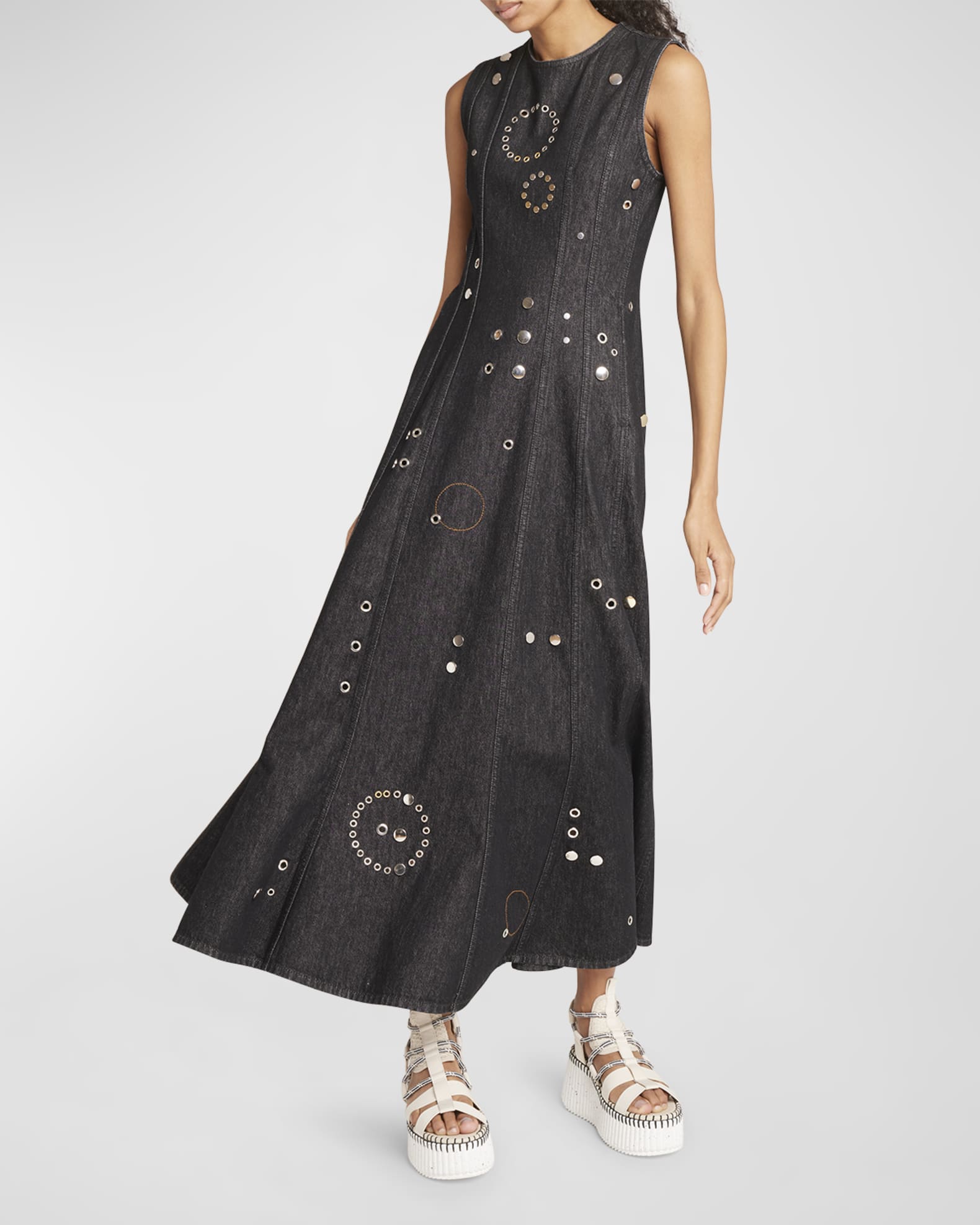 Chloe Denim Maxi Dress With Grommet Embellishments Neiman Marcus