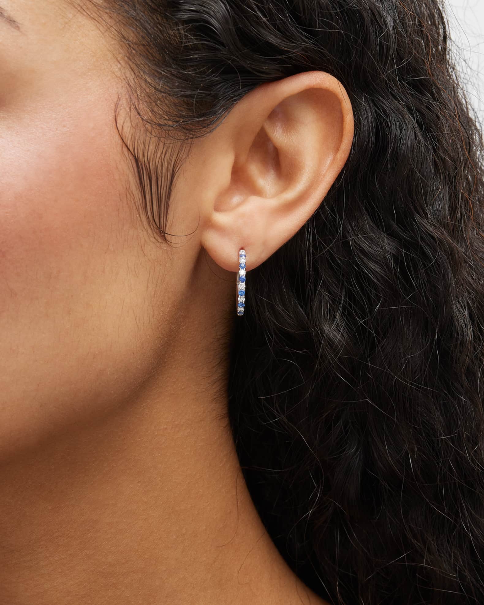 18K White Gold Sapphire Diamond Medium Hoop Earrings 1