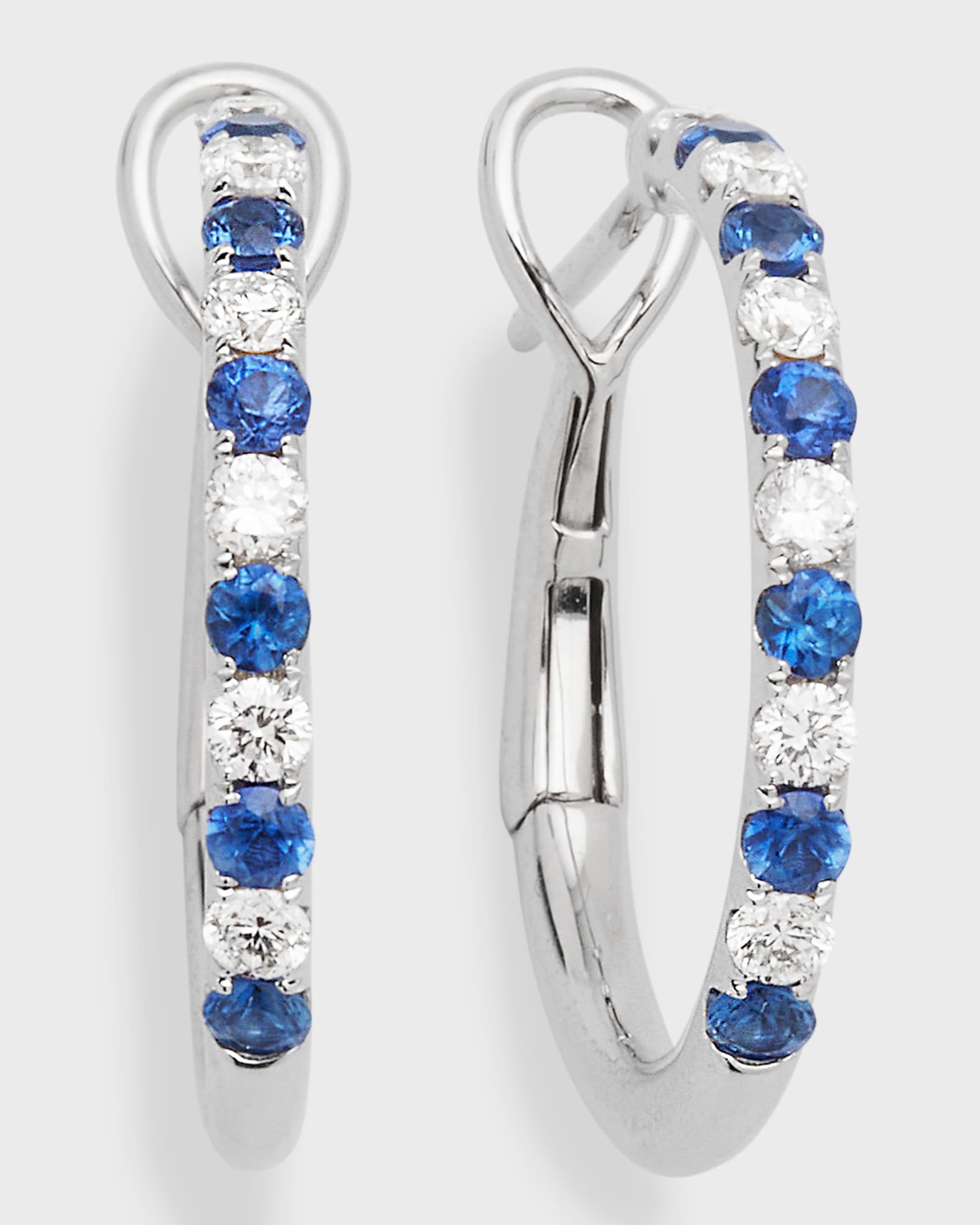 18K White Gold Sapphire Diamond Medium Hoop Earrings 0
