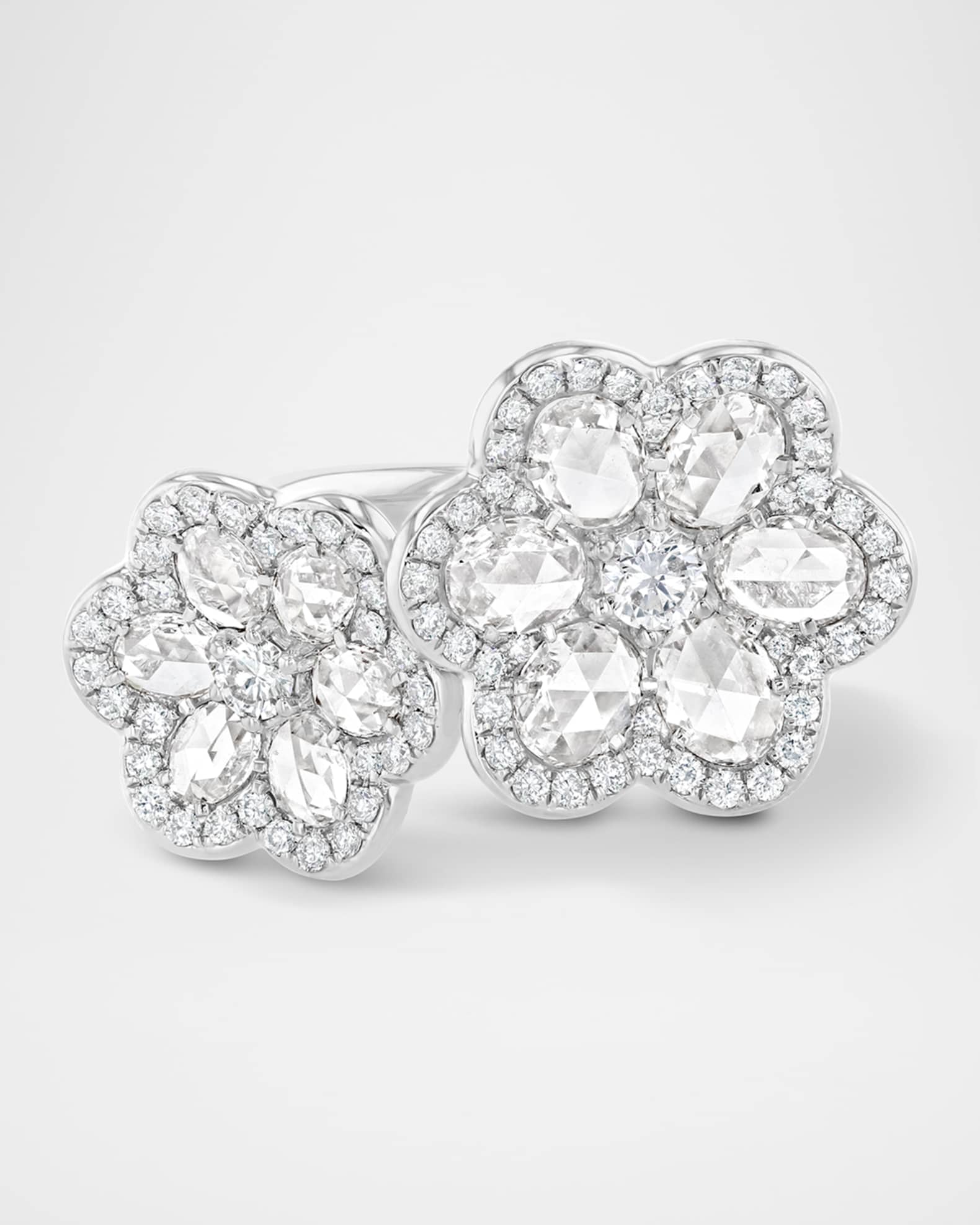 Floral 18K White Gold Double-Flower Motif Ring with Diamonds, Size 5 0