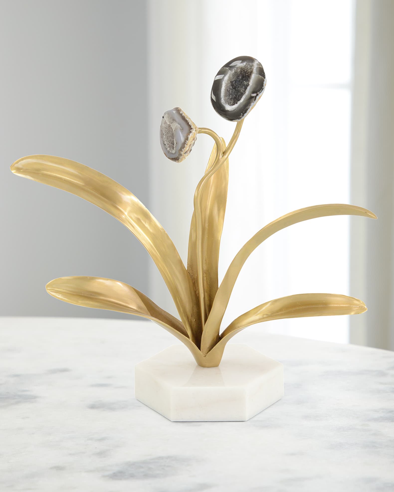 John-Richard Collection Agate Flower and White Marble Sculpture