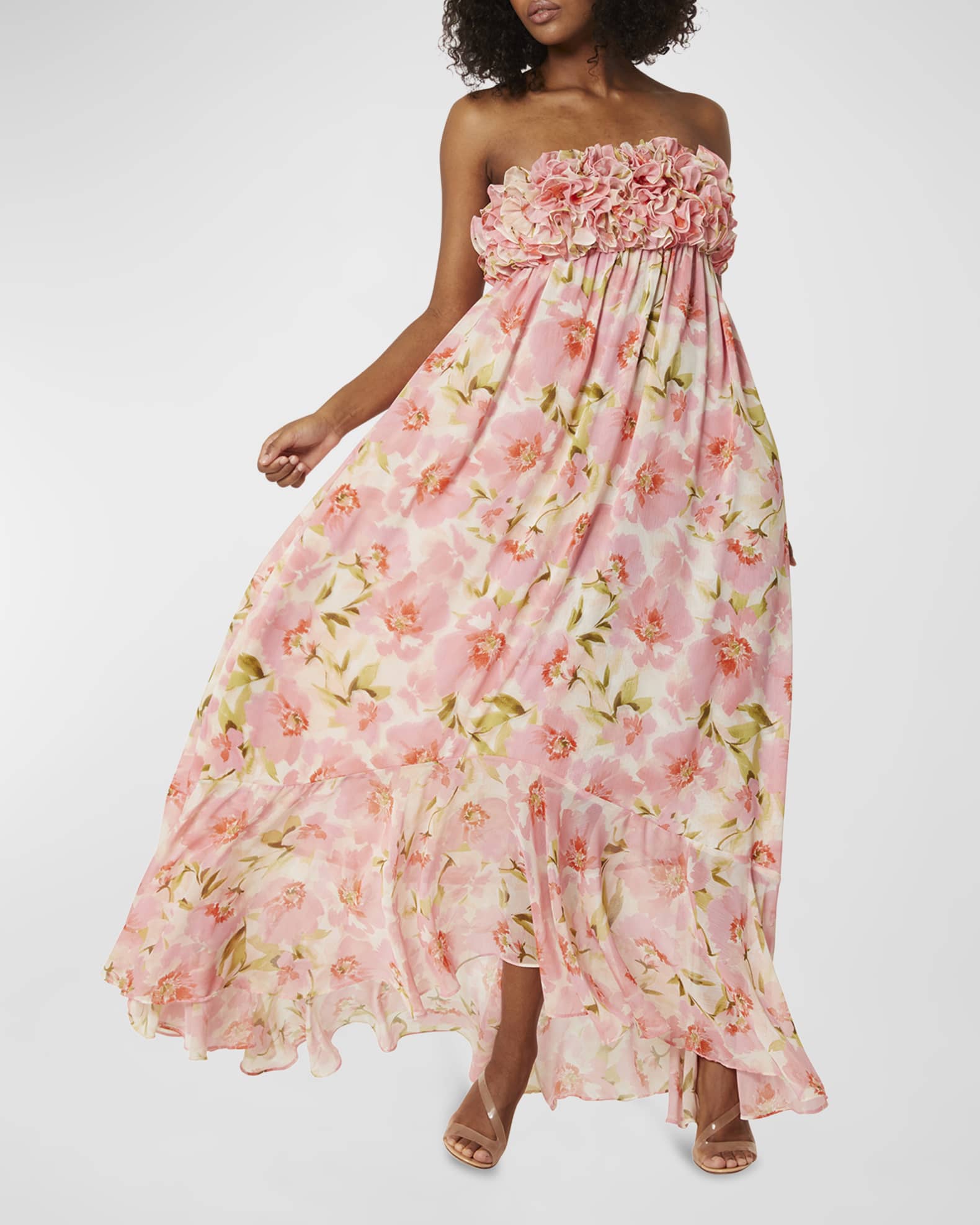 MISA Los Angeles Eden Rosette Strapless Floral Chiffon Maxi Dress
