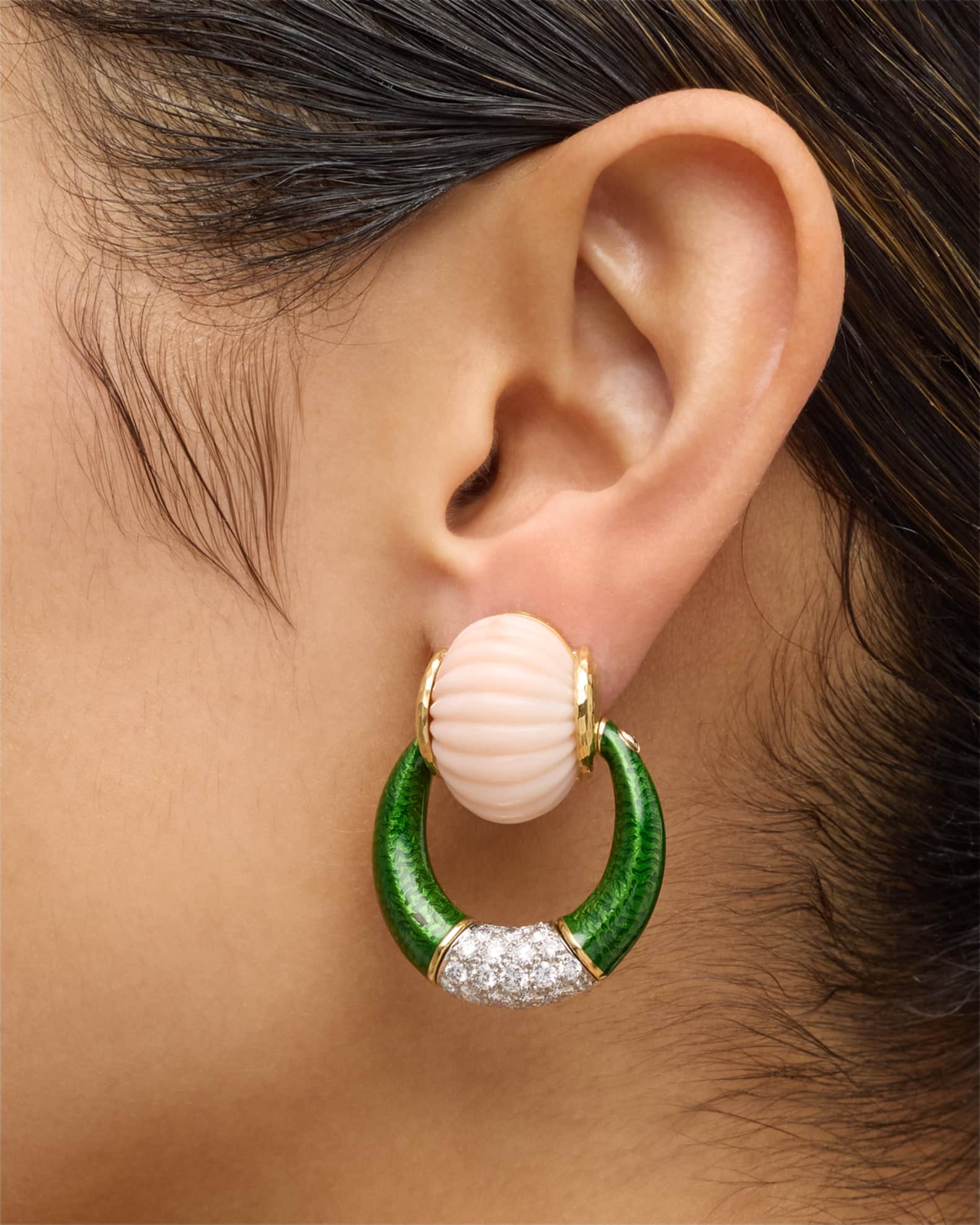 Estate Webb 18K Yellow Gold Green Enamel, Pink Coral and Diamond Clip Earrings 1