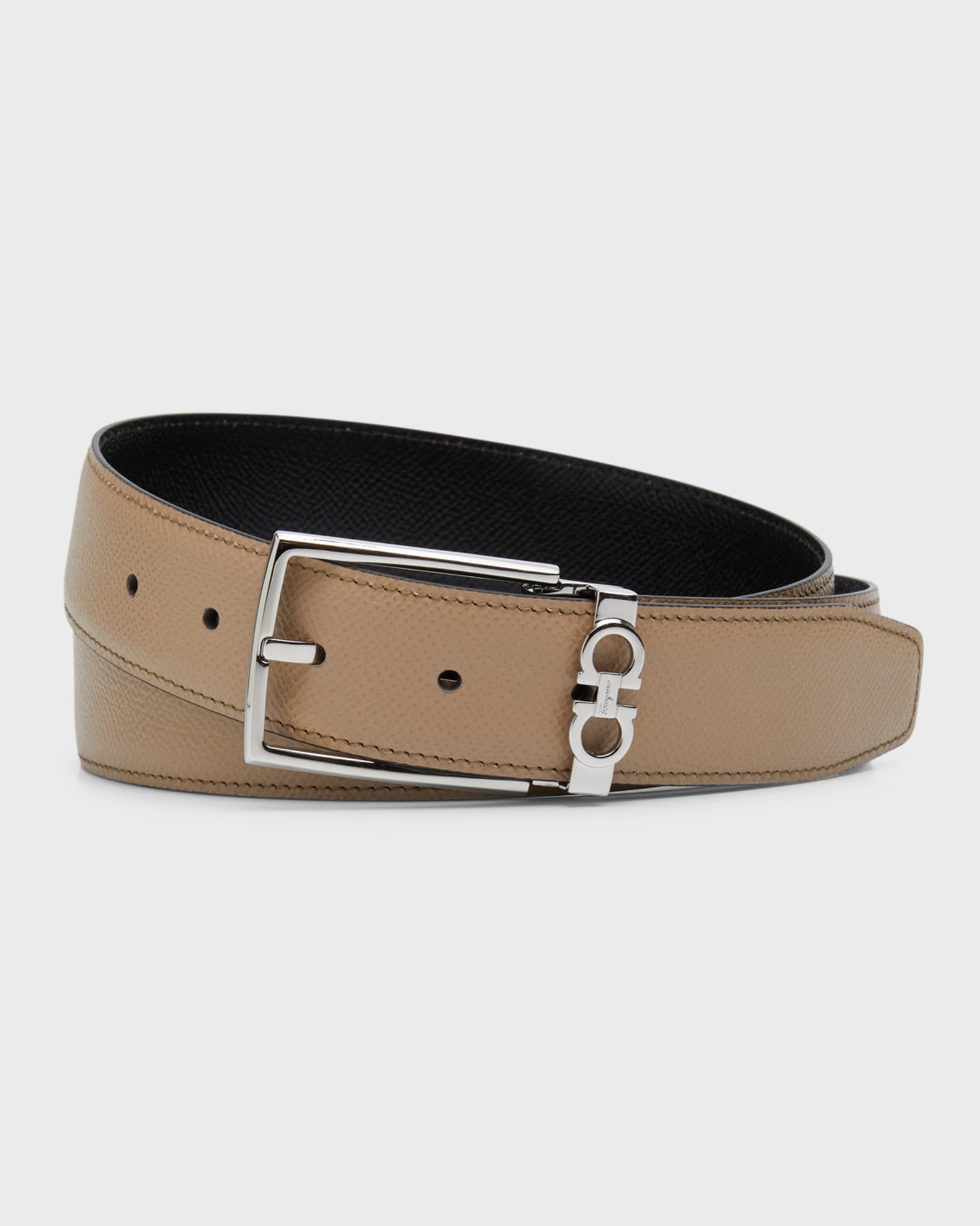 Salvatore Ferragamo Adjustable Reversible Gancini Belt Beige Black