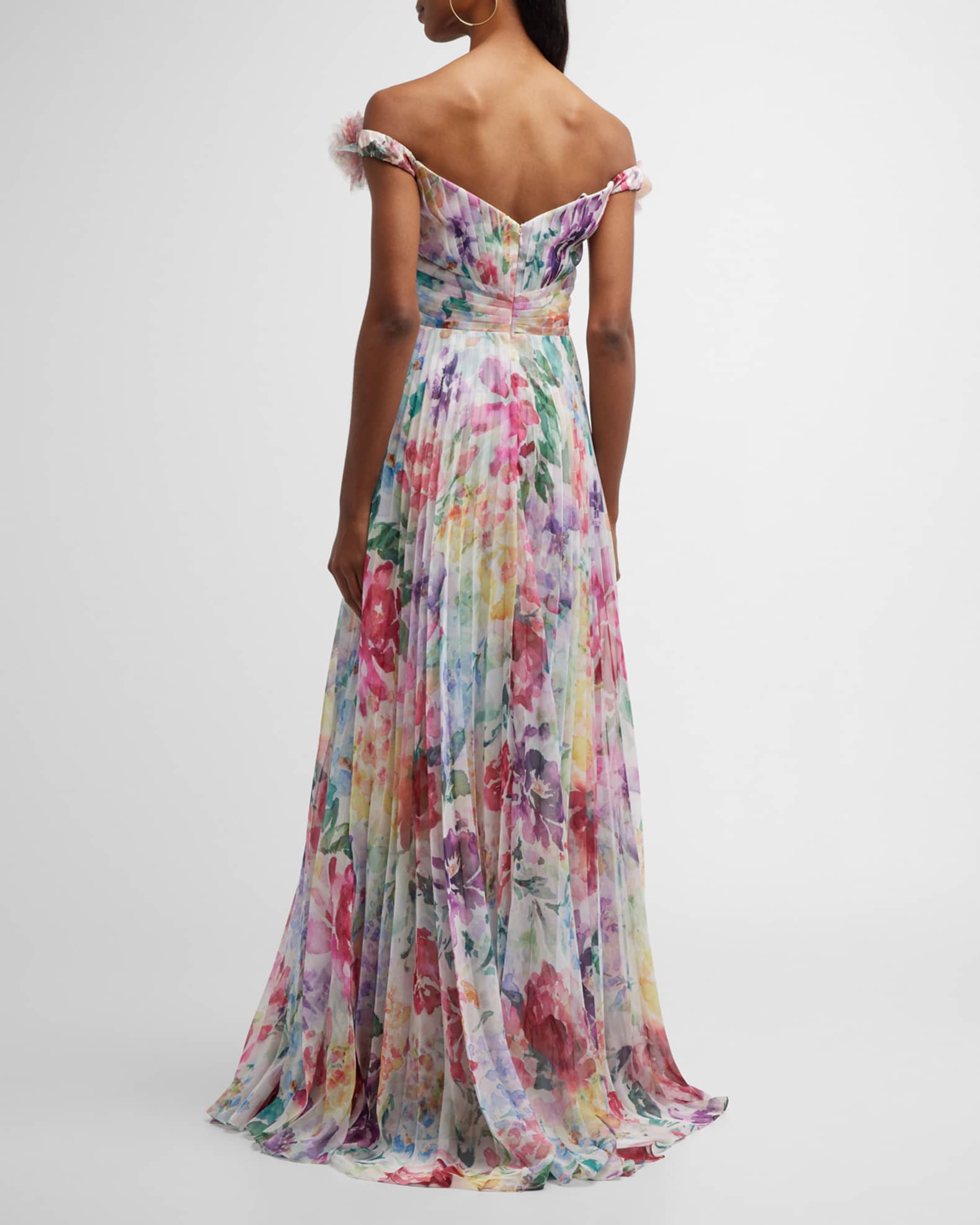 Marchesa Notte Pleated Floral-Print Off-Shoulder Gown | Neiman Marcus