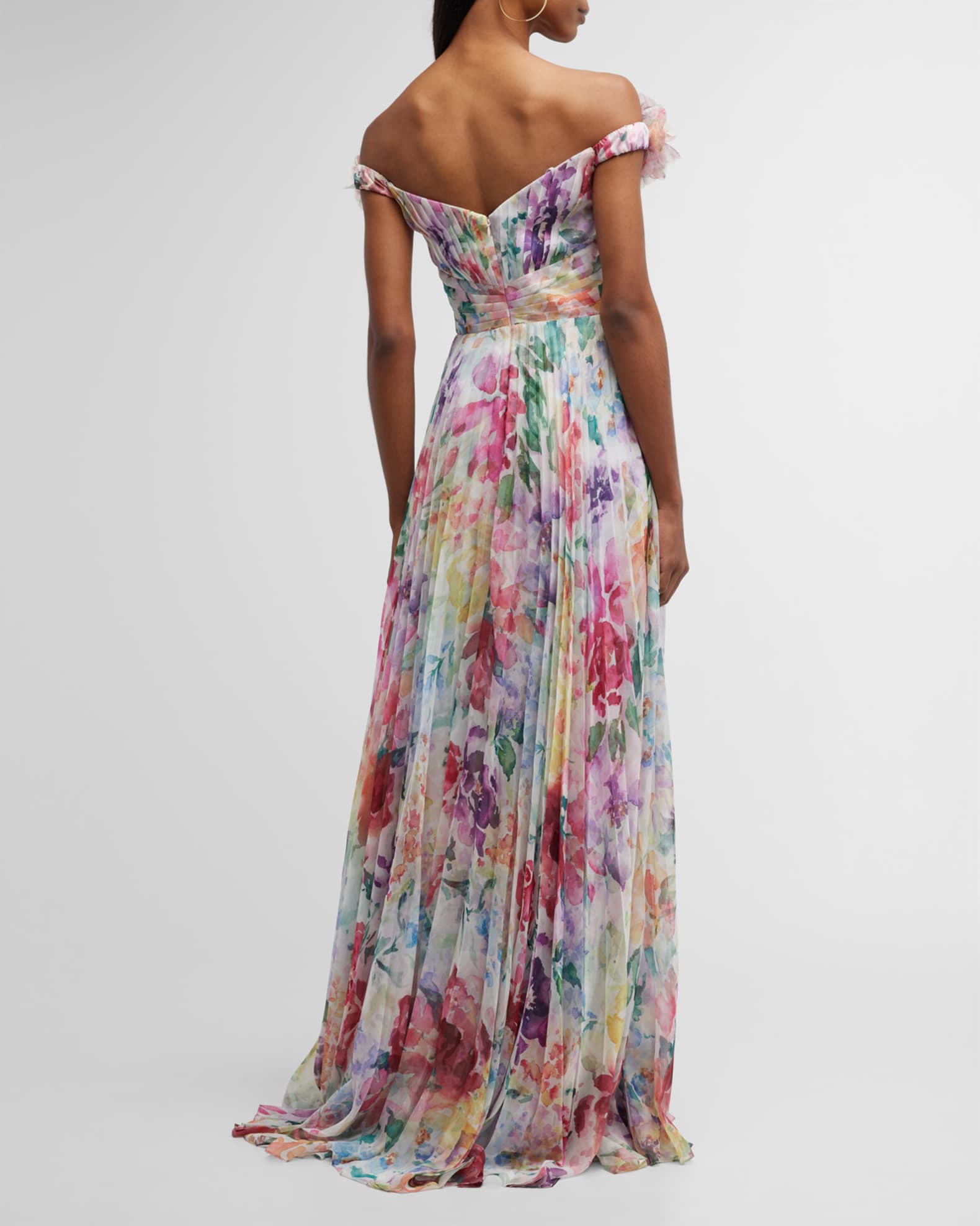 Marchesa Notte Pleated Floral-Print Off-Shoulder Gown | Neiman Marcus