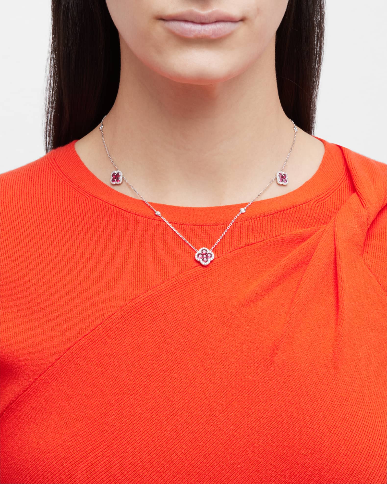 18K White Gold Ruby Flower and Diamond Station Necklace, 18"L, 2.55tcw 1