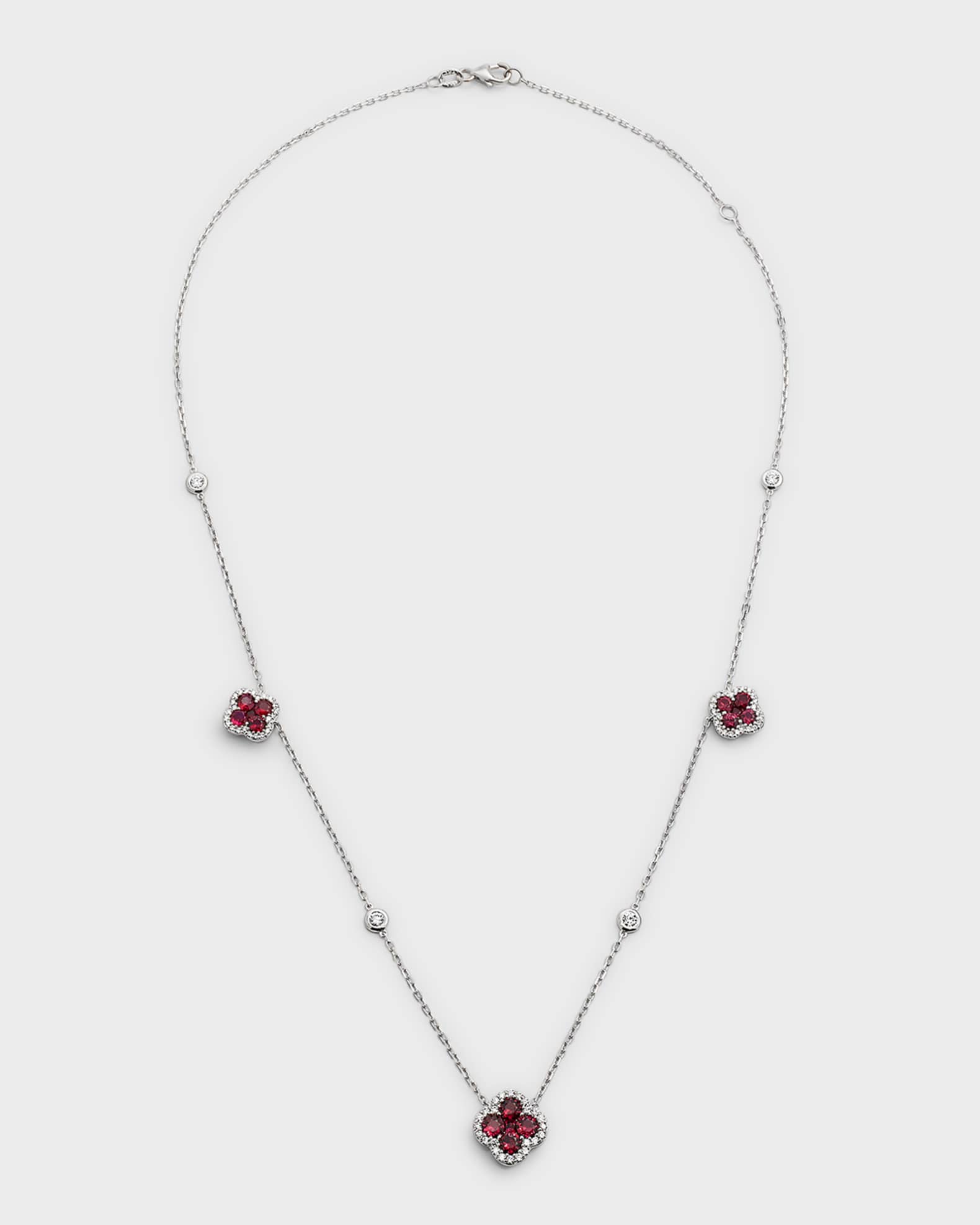 18K White Gold Ruby Flower and Diamond Station Necklace, 18"L, 2.55tcw 0