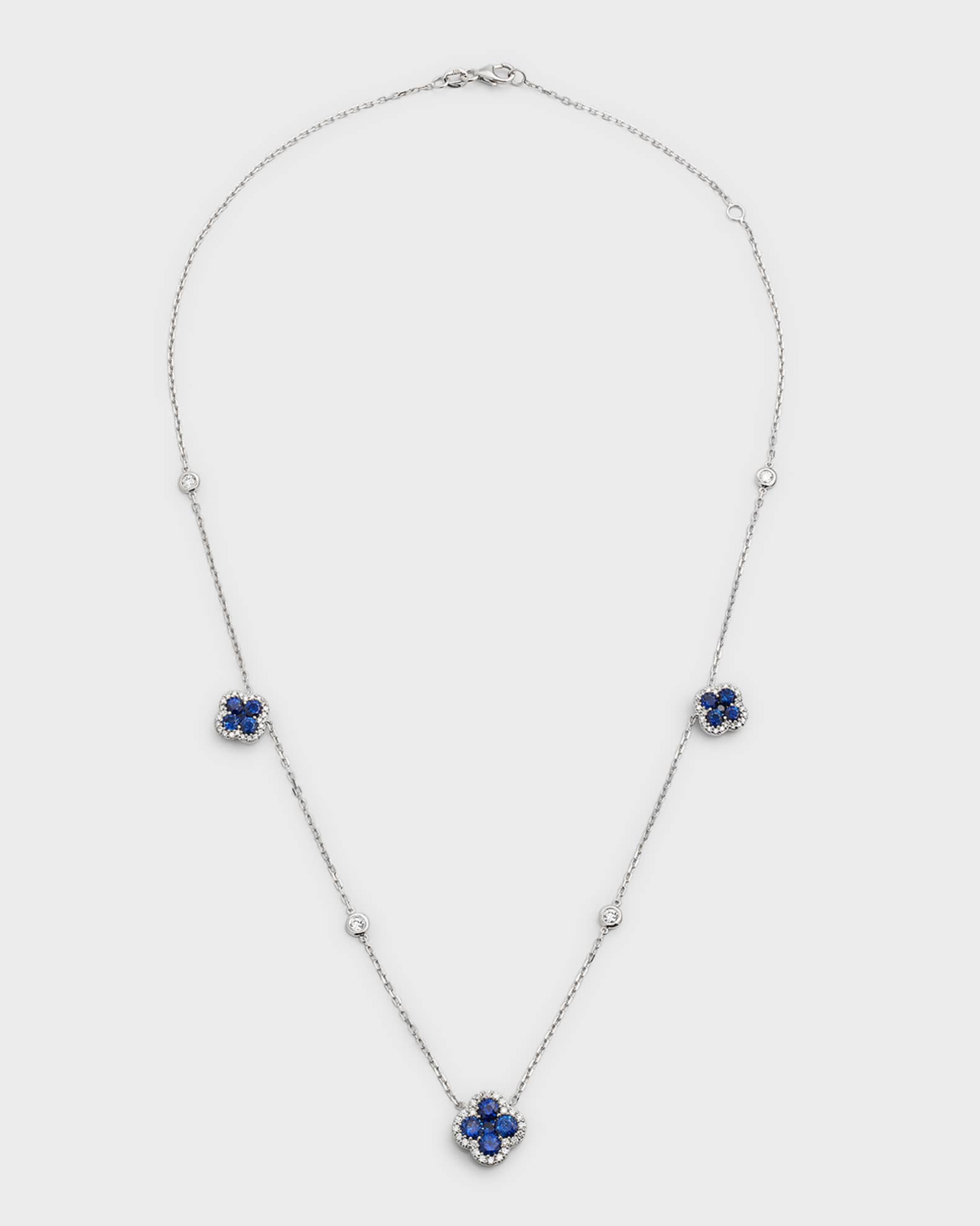 18K White Gold Blue Sapphire Flower and Diamond Station Necklace, 18"L, 3.38tcw 0