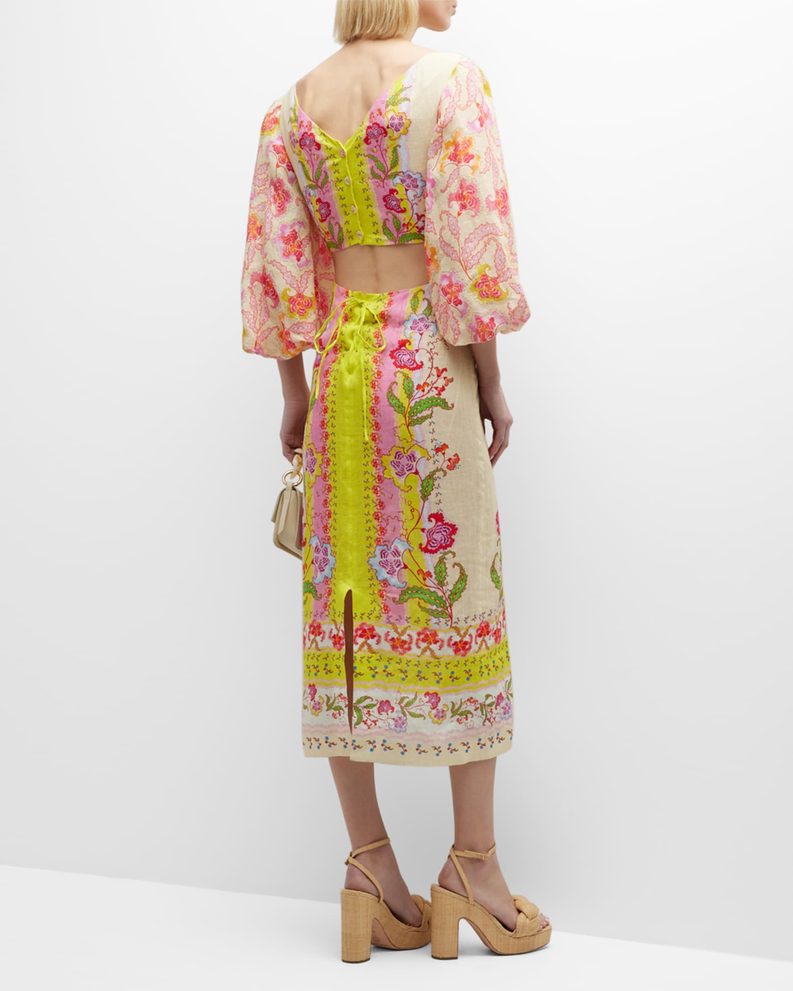 Saloni Neelam Puff-Sleeve Cutout Floral Linen Midi Dress | Neiman Marcus