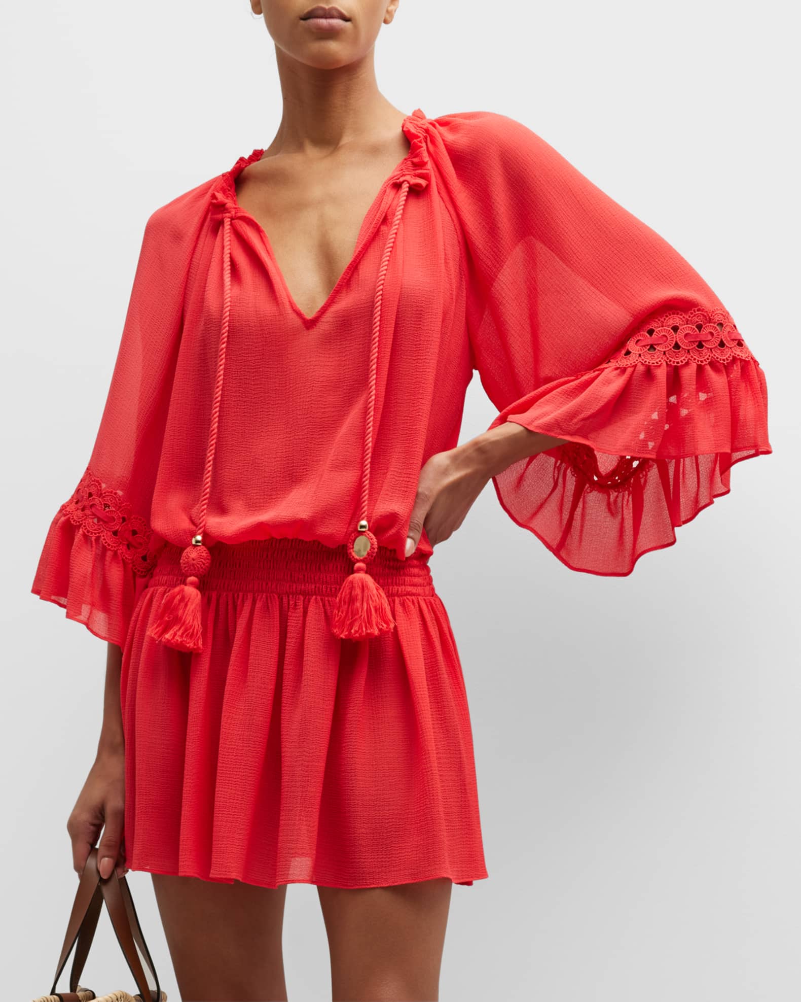 RAMY BROOK Womens Smocked Self Tie Waist Balloon Sleeve V Neck Wear To Work Top