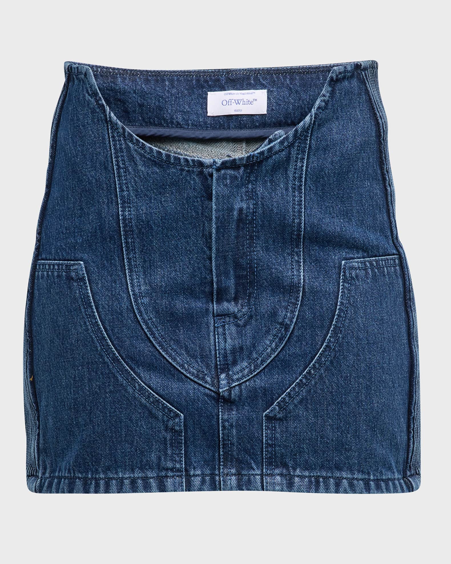 Off-White Denim Motorcycle Mini Skirt with Hole Cutout | Neiman Marcus