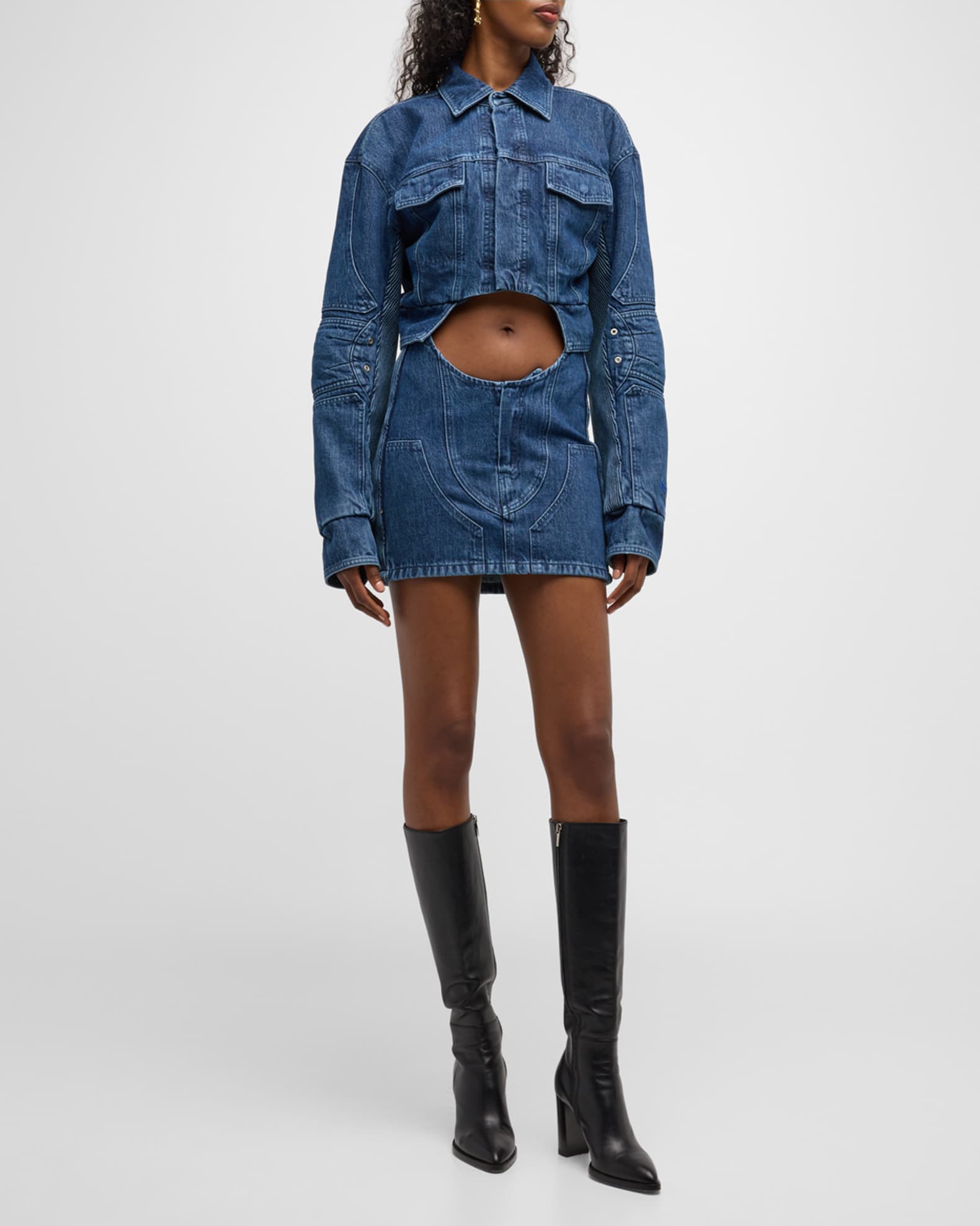 Off-White Denim Motorcycle Mini Skirt with Hole Cutout | Neiman Marcus