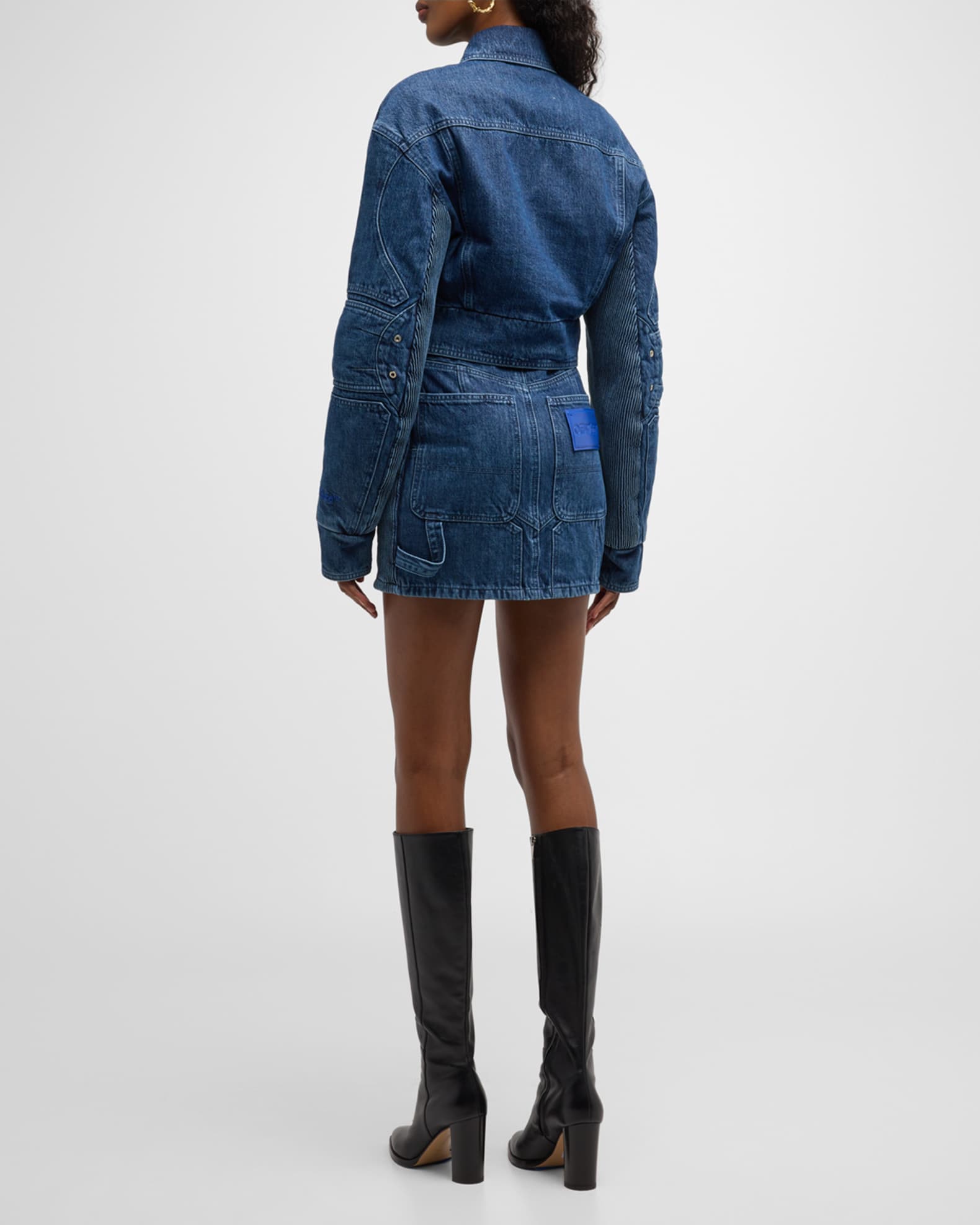Off-White Denim Motorcycle Mini Skirt with Hole Cutout | Neiman Marcus