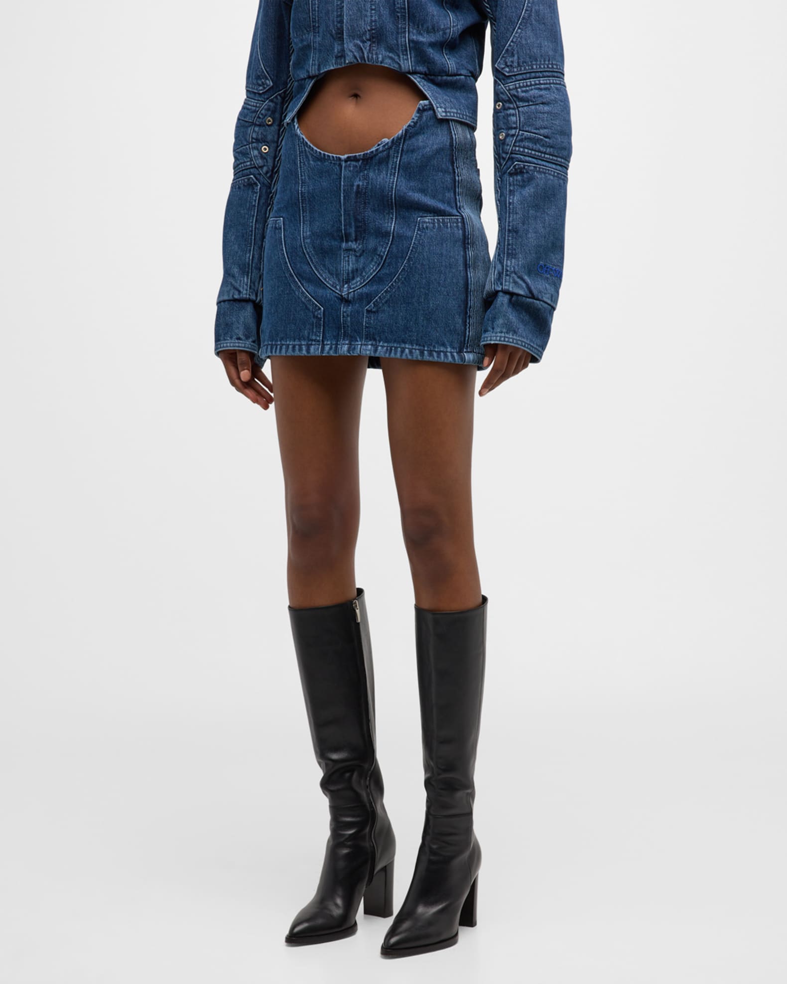 Off-White Denim Motorcycle Mini Skirt with Hole Cutout | Neiman Marcus