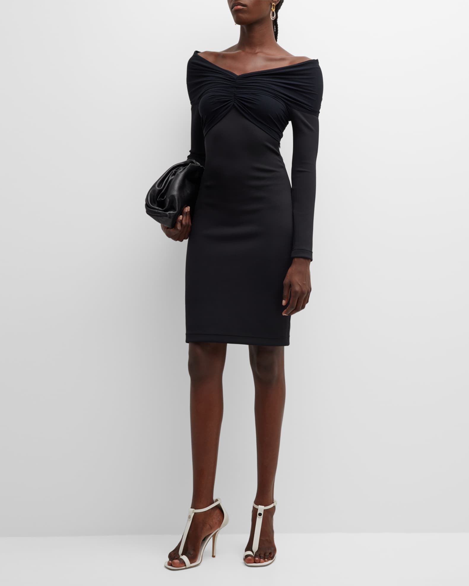 Burberry Off-Shoulder Short Dress with Ruched Front | Neiman Marcus