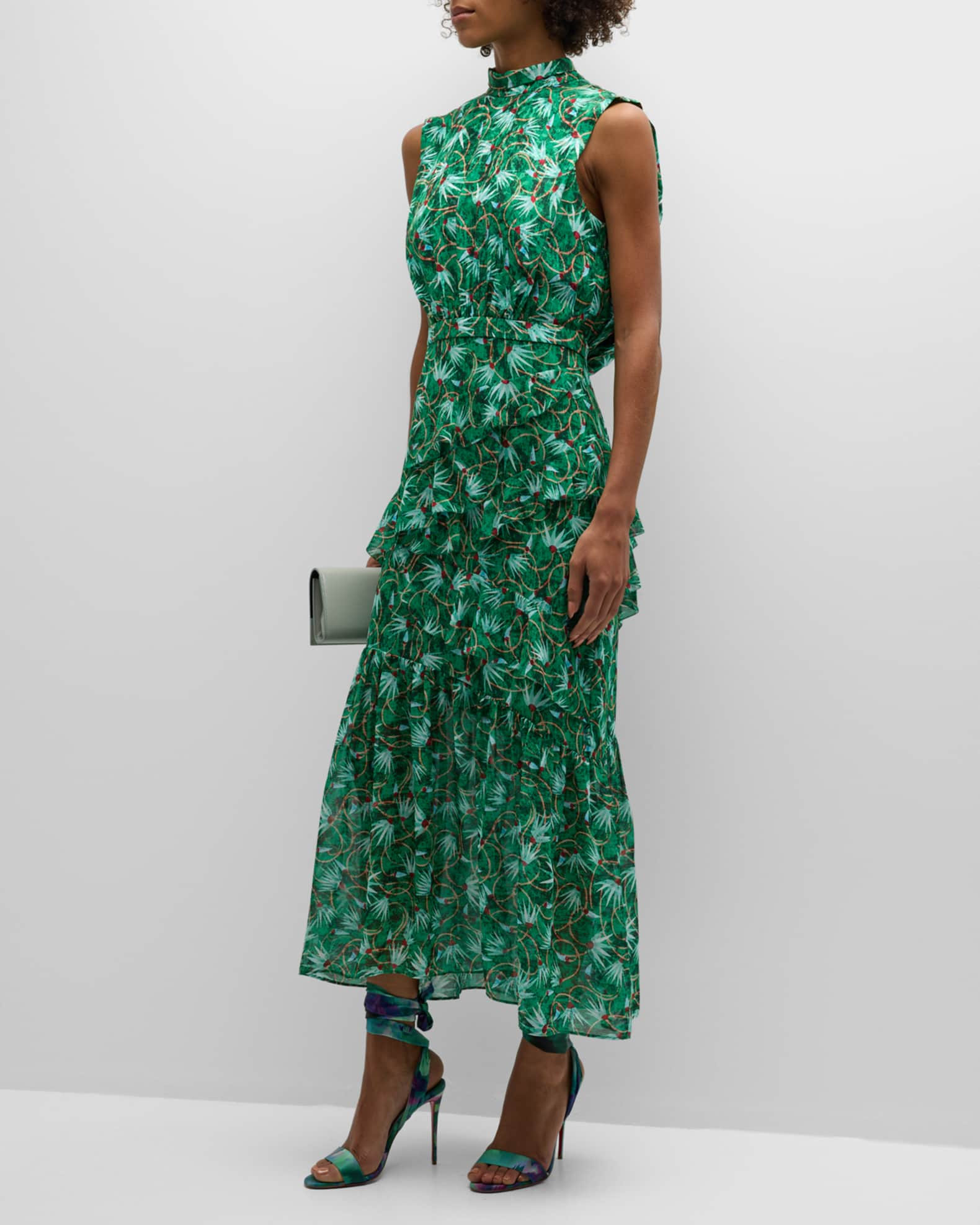 Saloni Fleur Silk Sleeveless Tiered-Ruffle Midi Dress | Neiman Marcus