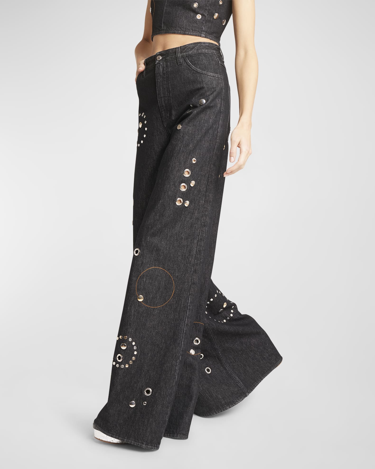 Chloe Grommet Embellished WideLeg Denim Pants Neiman Marcus