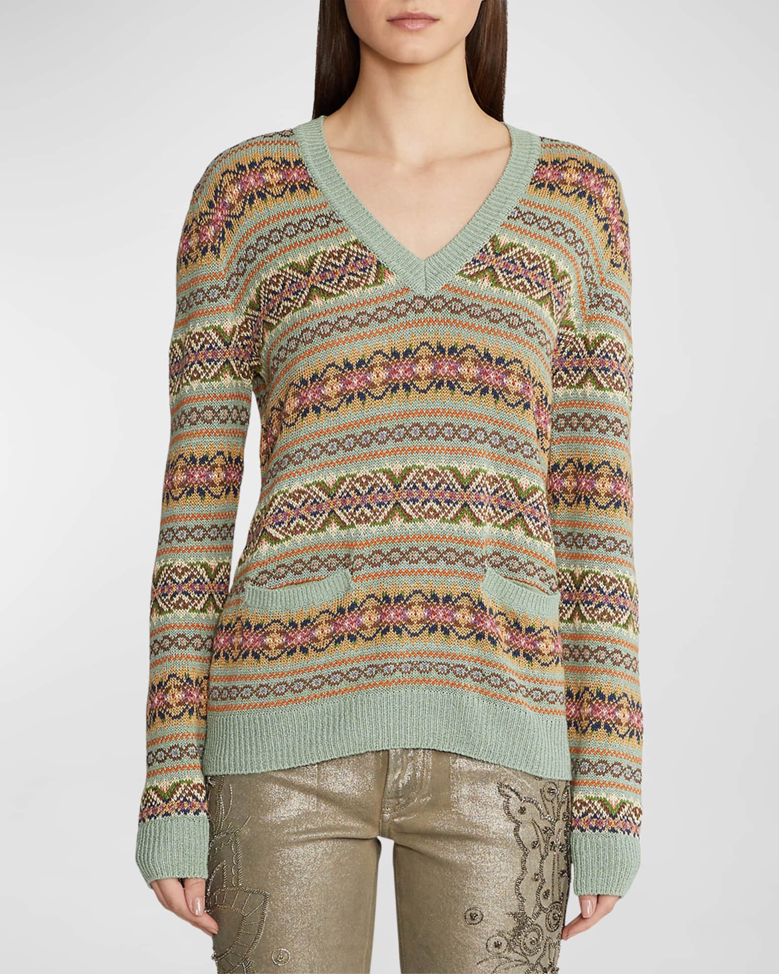 Ralph Lauren Collection Fairisle V-Neck Cashmere Sweater | Neiman Marcus