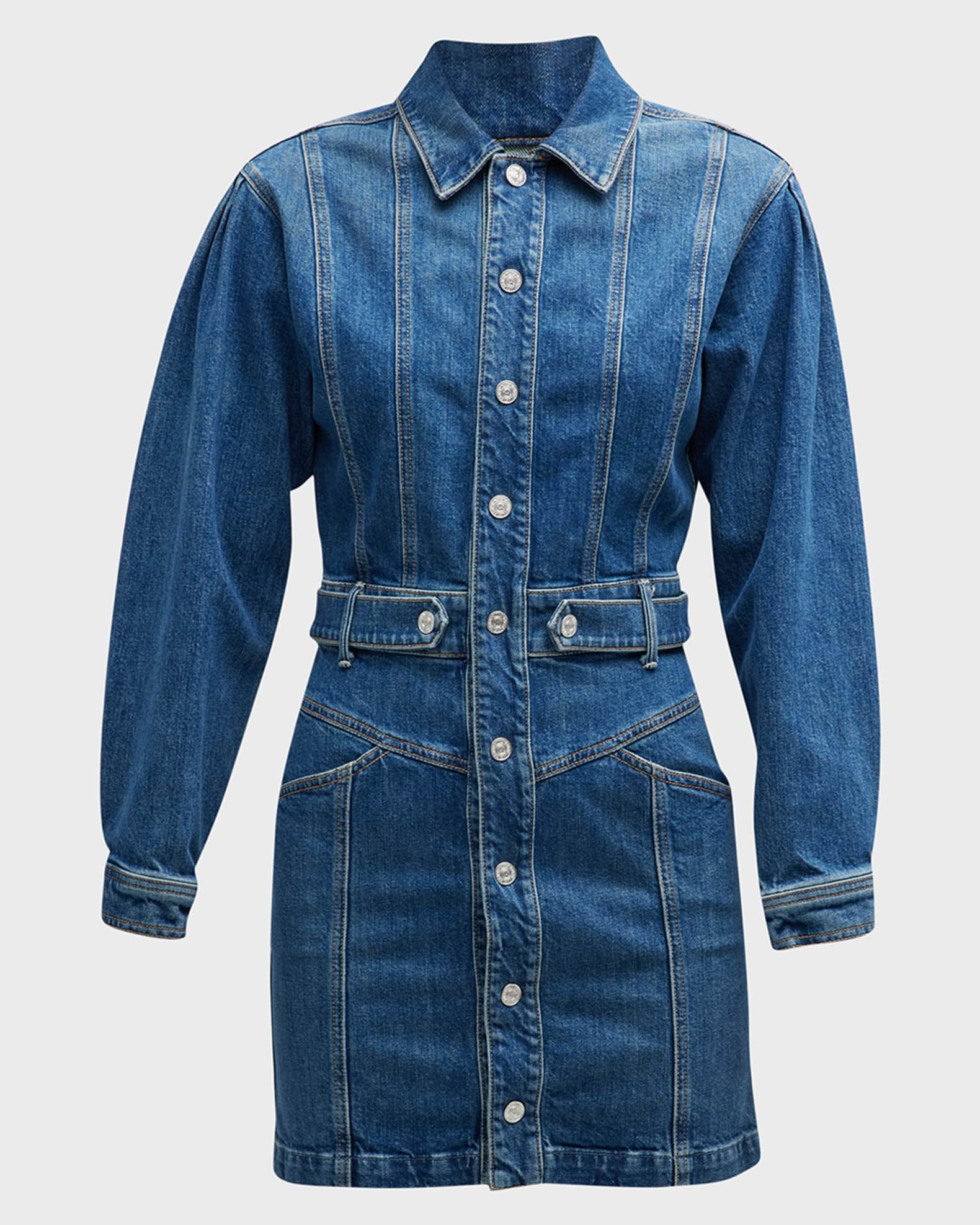 MOTHER The Batwing Cinch Waist Denim Mini Dress Neiman Marcus