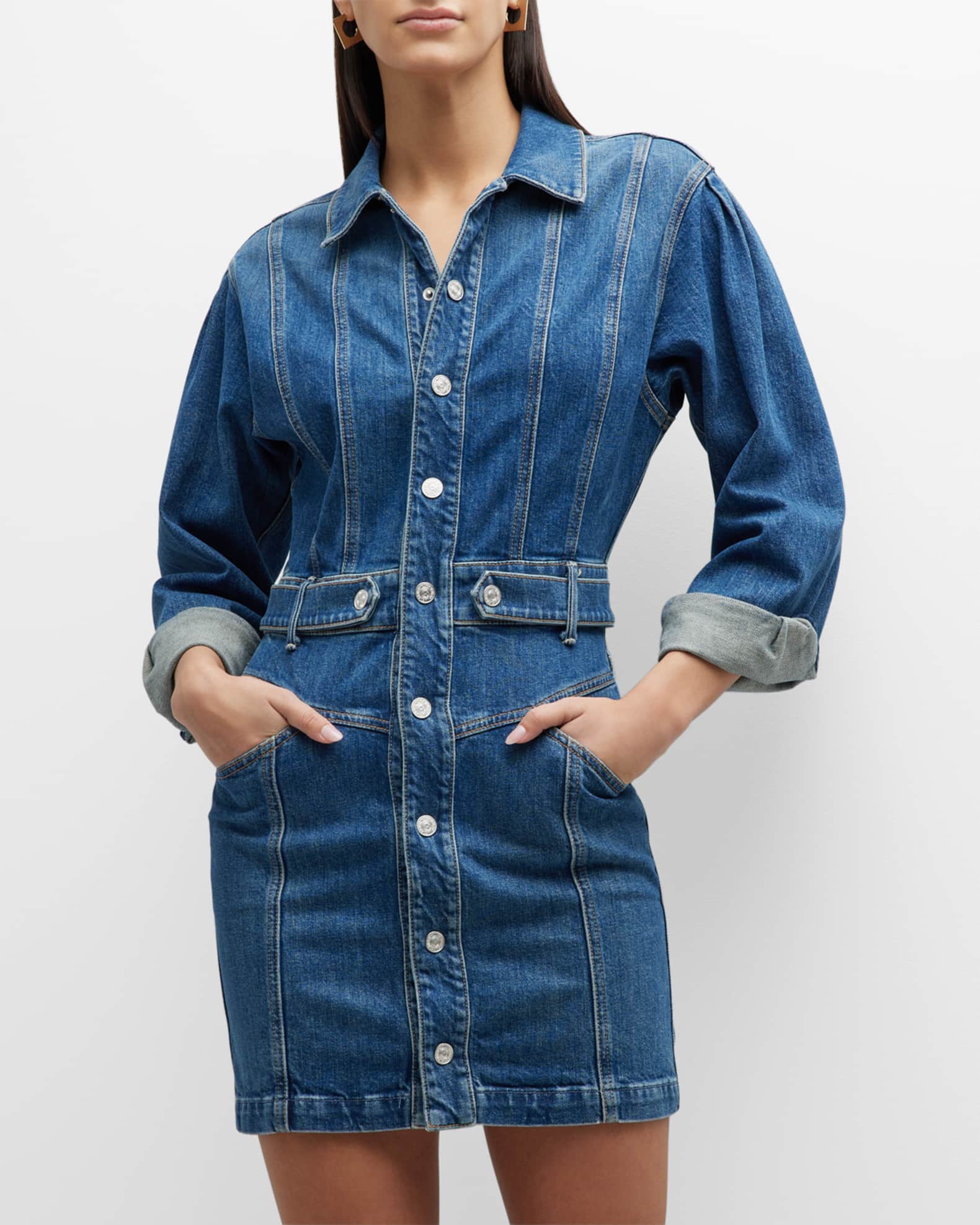 MOTHER The Batwing Cinch Waist Denim Mini Dress Neiman Marcus