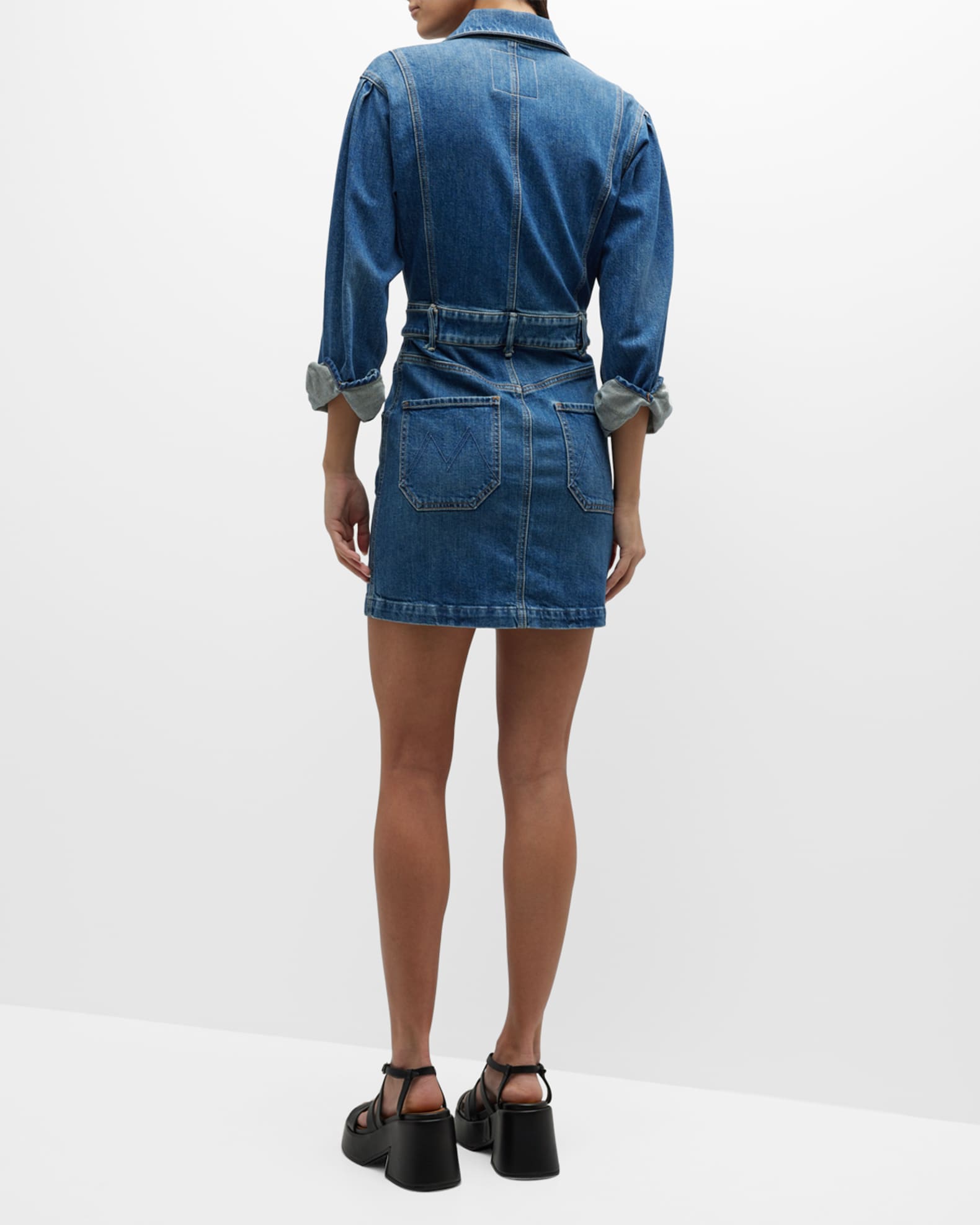 MOTHER The Batwing Cinch Waist Denim Mini Dress Neiman Marcus