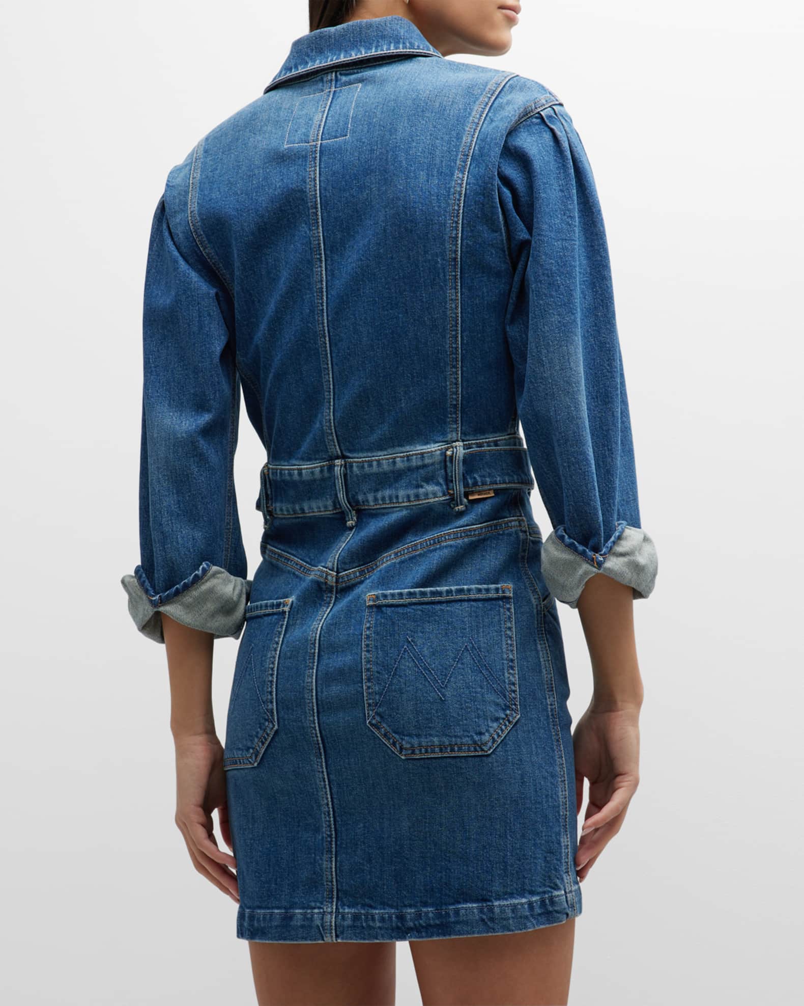 MOTHER The Batwing Cinch Waist Denim Mini Dress Neiman Marcus