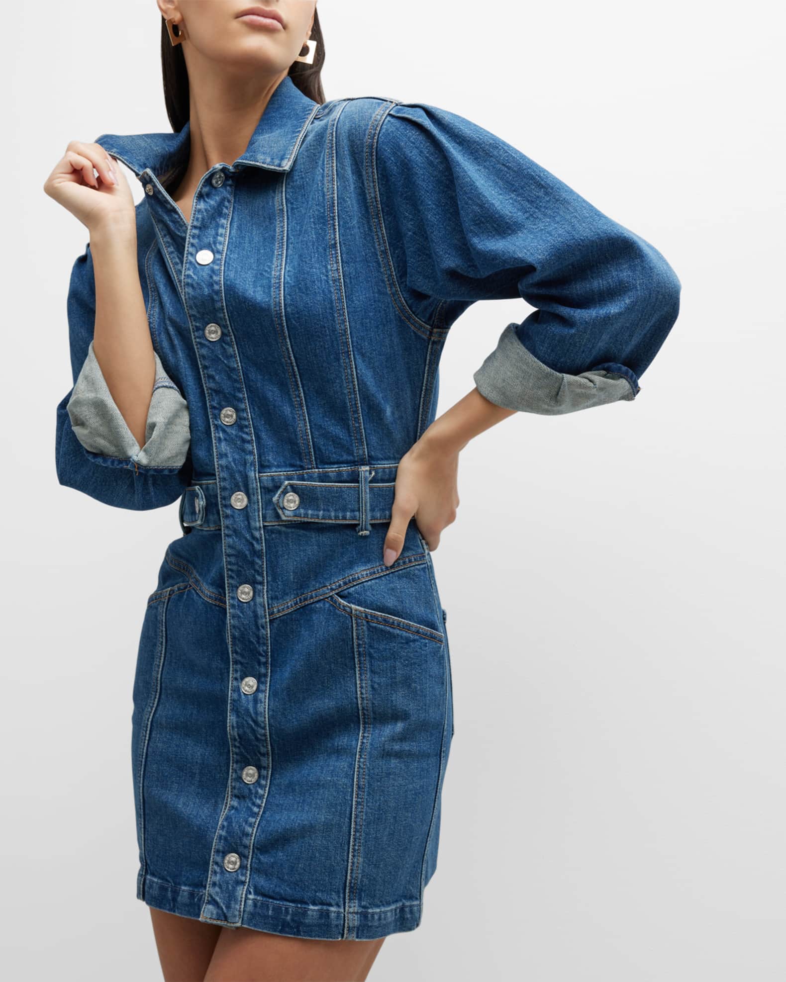 MOTHER The Batwing Cinch Waist Denim Mini Dress Neiman Marcus