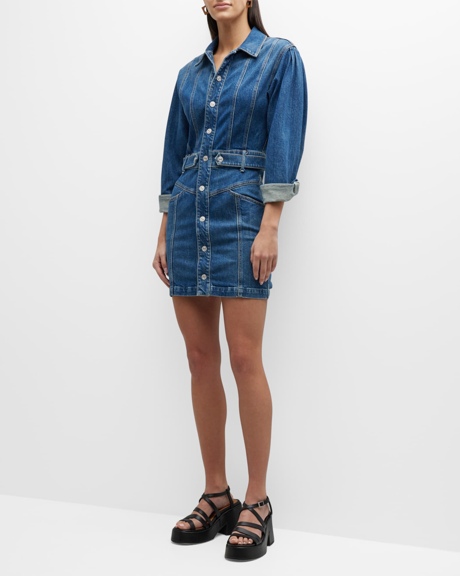 MOTHER The Batwing Cinch Waist Denim Mini Dress Neiman Marcus