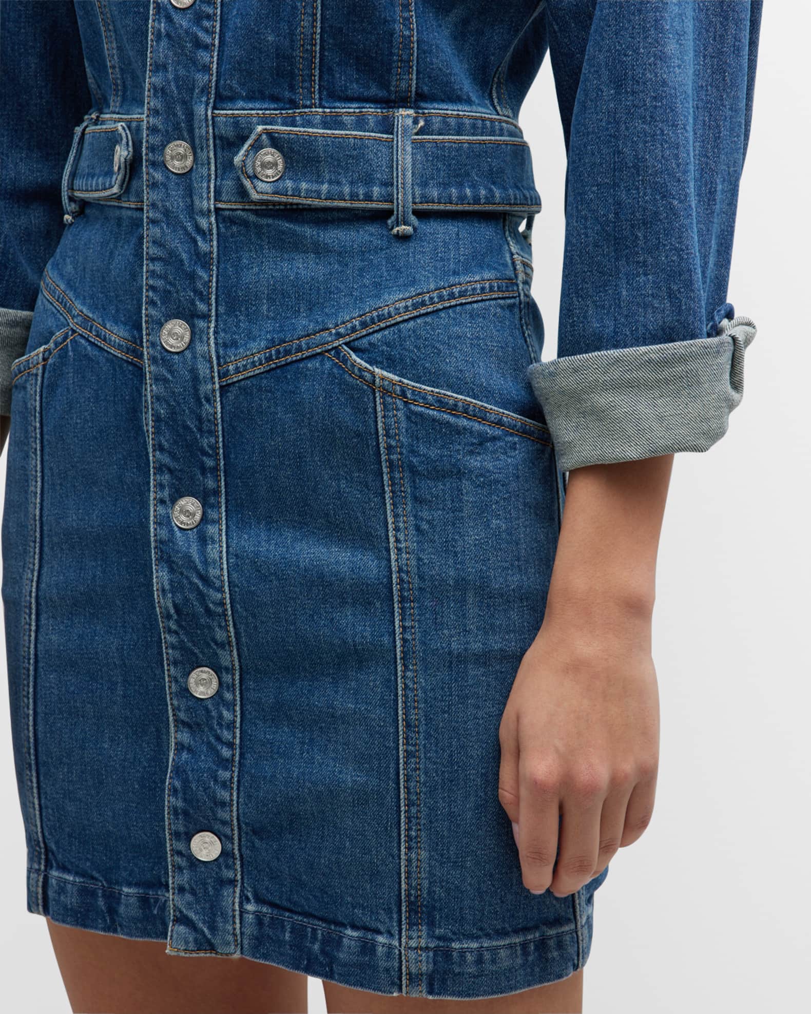 MOTHER The Batwing Cinch Waist Denim Mini Dress Neiman Marcus