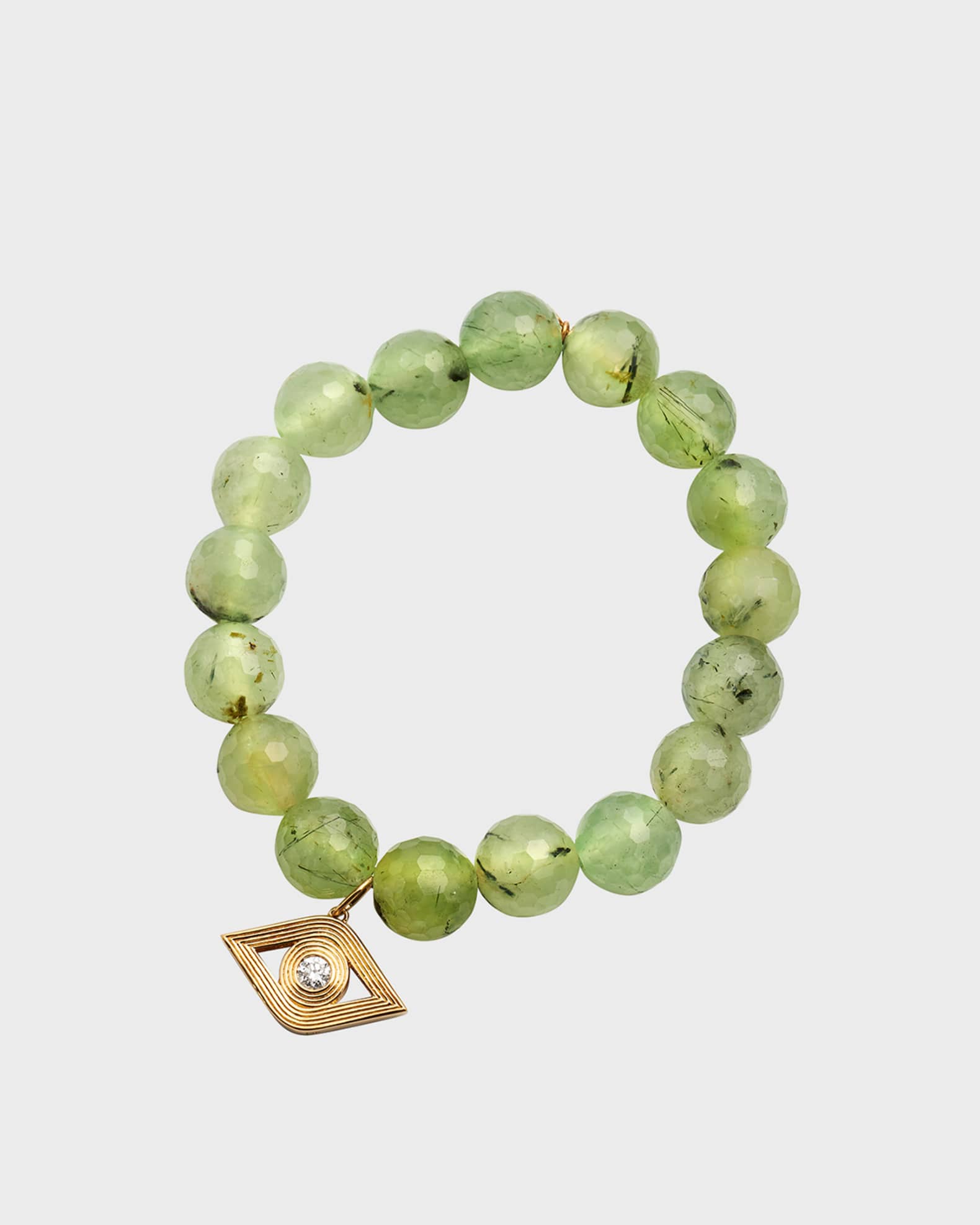 14k Gold Prehnite Beaded Bracelet with Diamond Evil Eye Charm  0