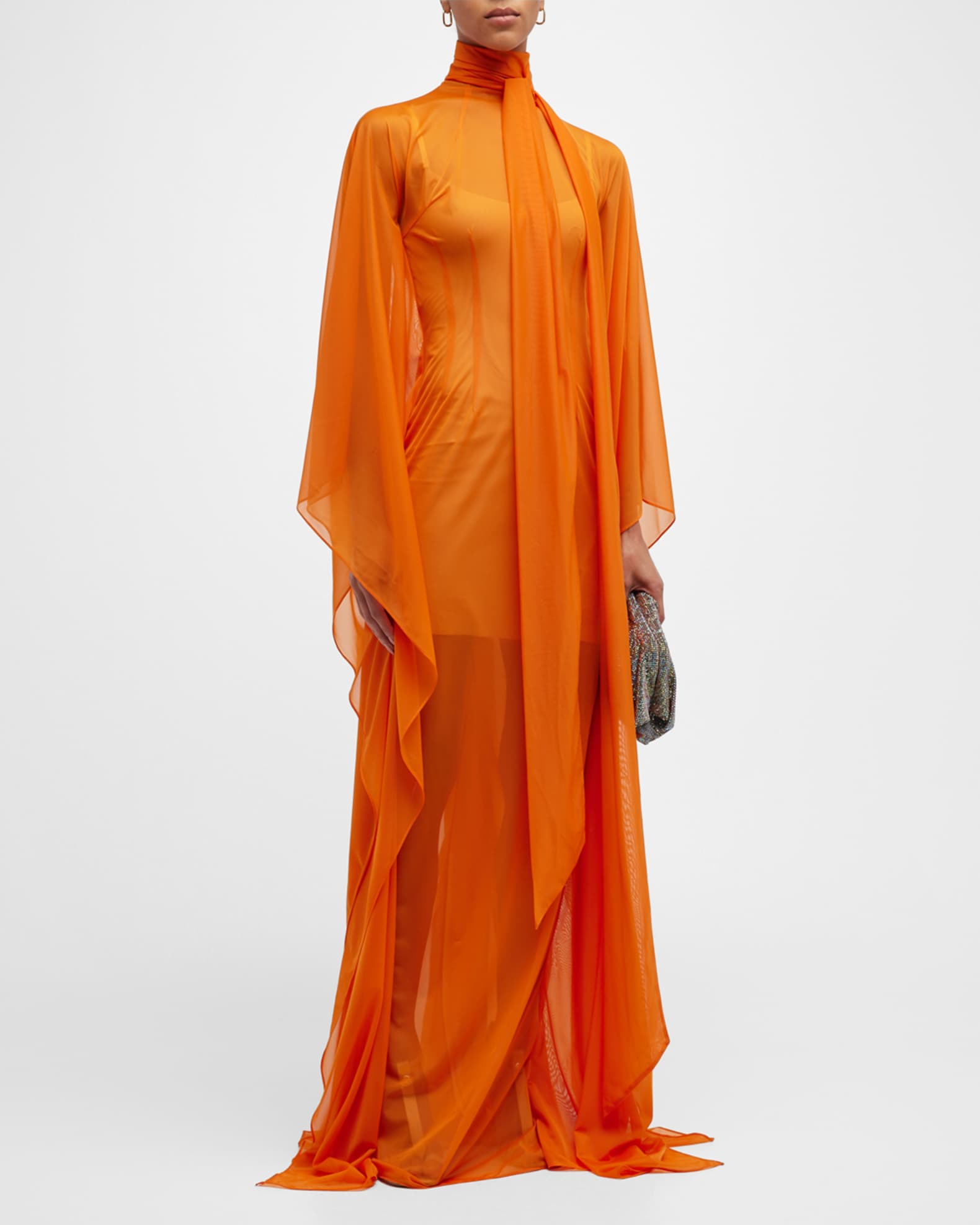 LaQuan Smith Sheer Tie-Neck Gown with Sweeping Dolman Sleeves | Neiman ...