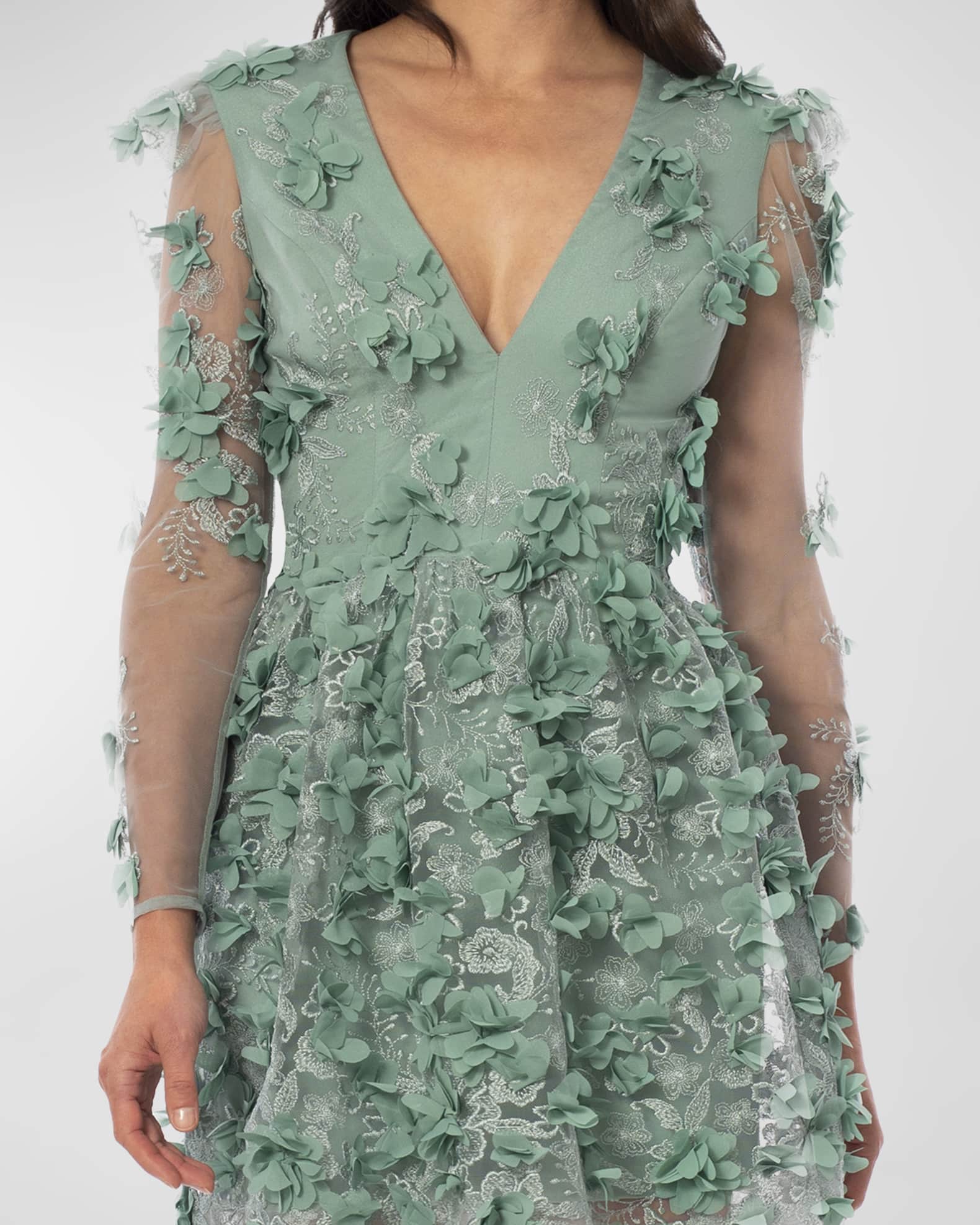 HELSI Sidney Illusion-Sleeve Floral Applique Dress | Neiman Marcus