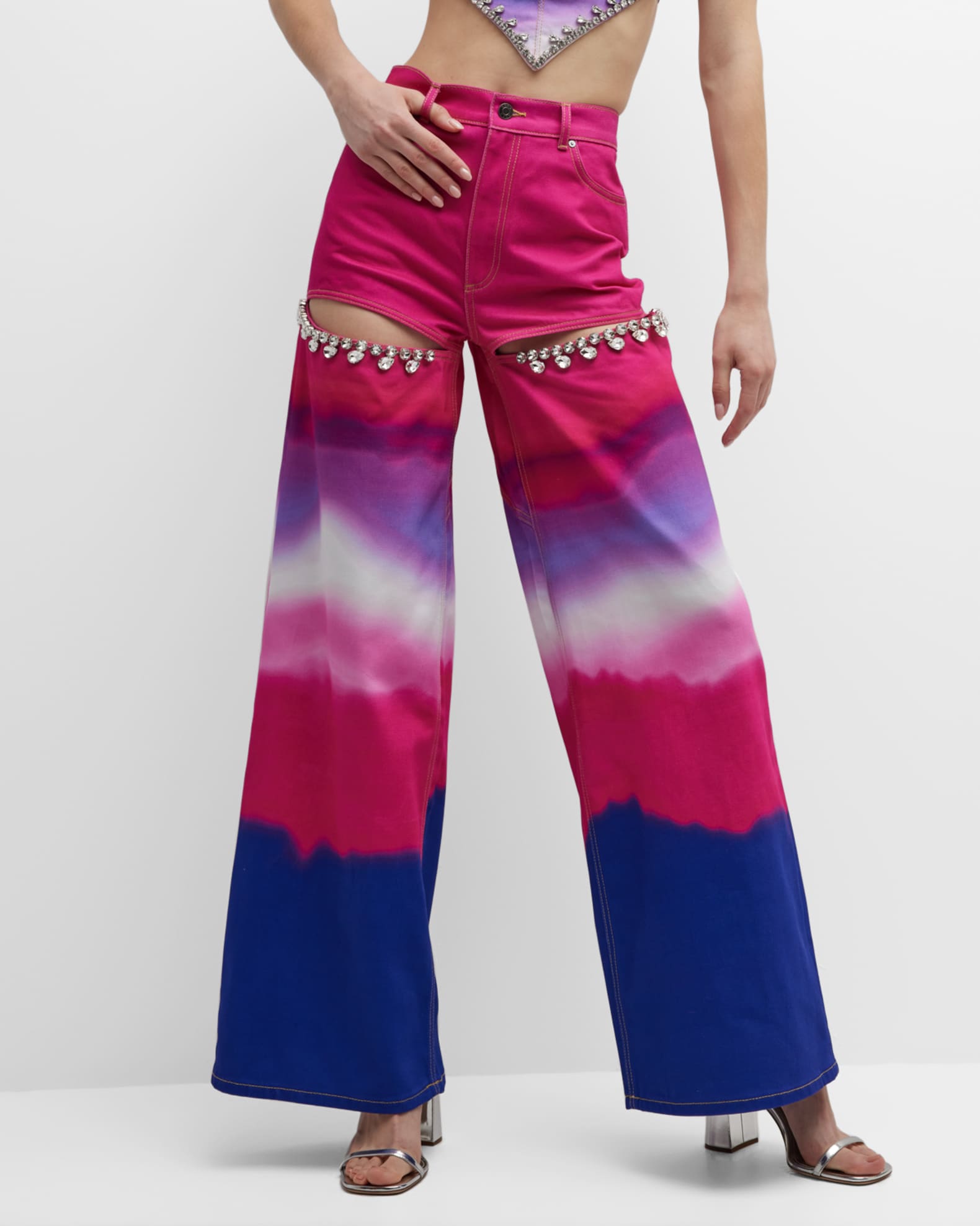 AREA Crystal Slit Wide-Leg Ombre Jeans | Neiman Marcus