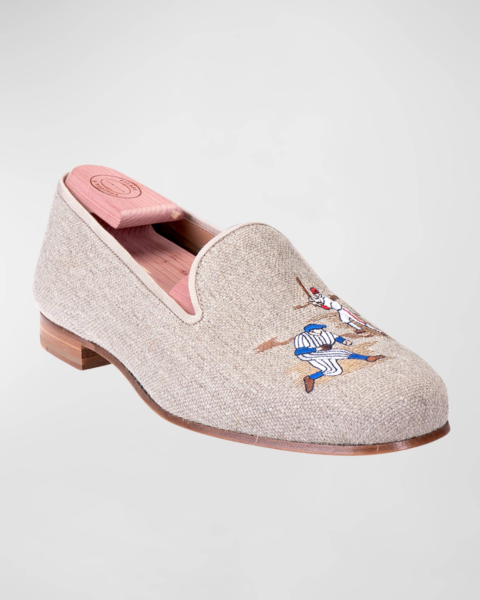 Stubbs and Wootton Men's Embroidered Baseball Linen Smoking Slippers