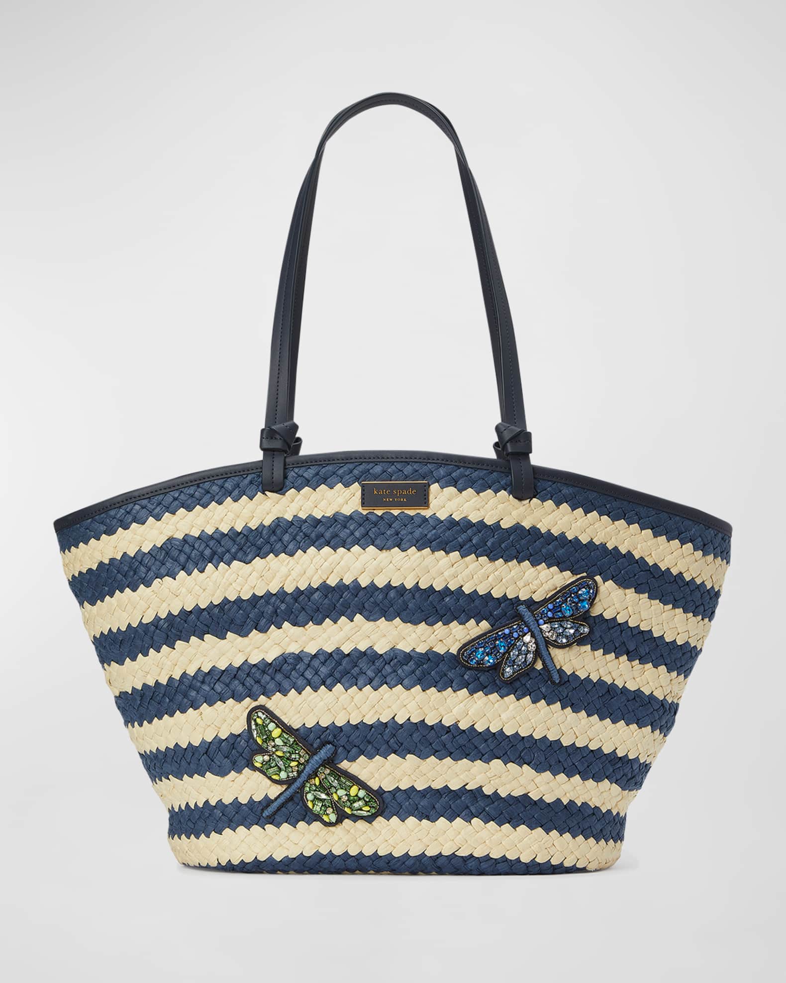 kate spade new york shore thing large dragonfly striped straw tote bag