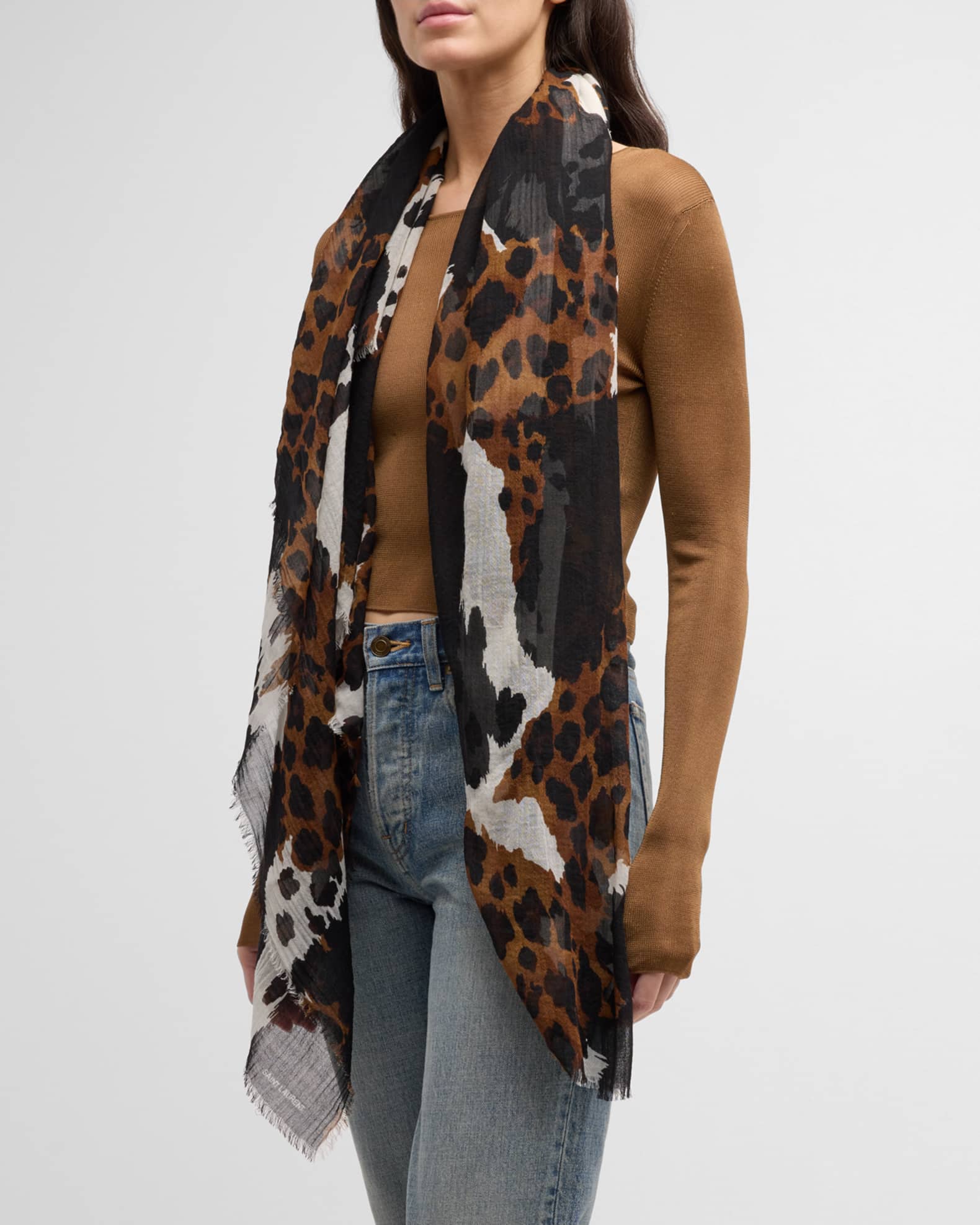 Saint Laurent Baby Cat Mixed-Print Wool Square Scarf