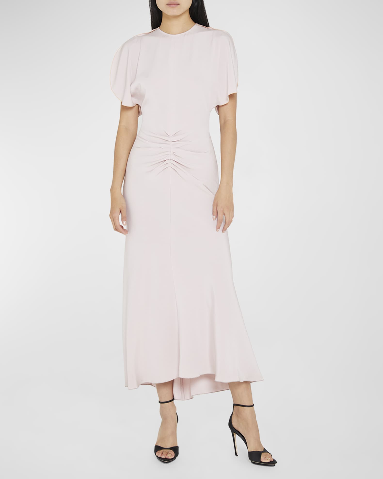Victoria Beckham Gathered Waist Short-Sleeve Midi Dress | Neiman Marcus