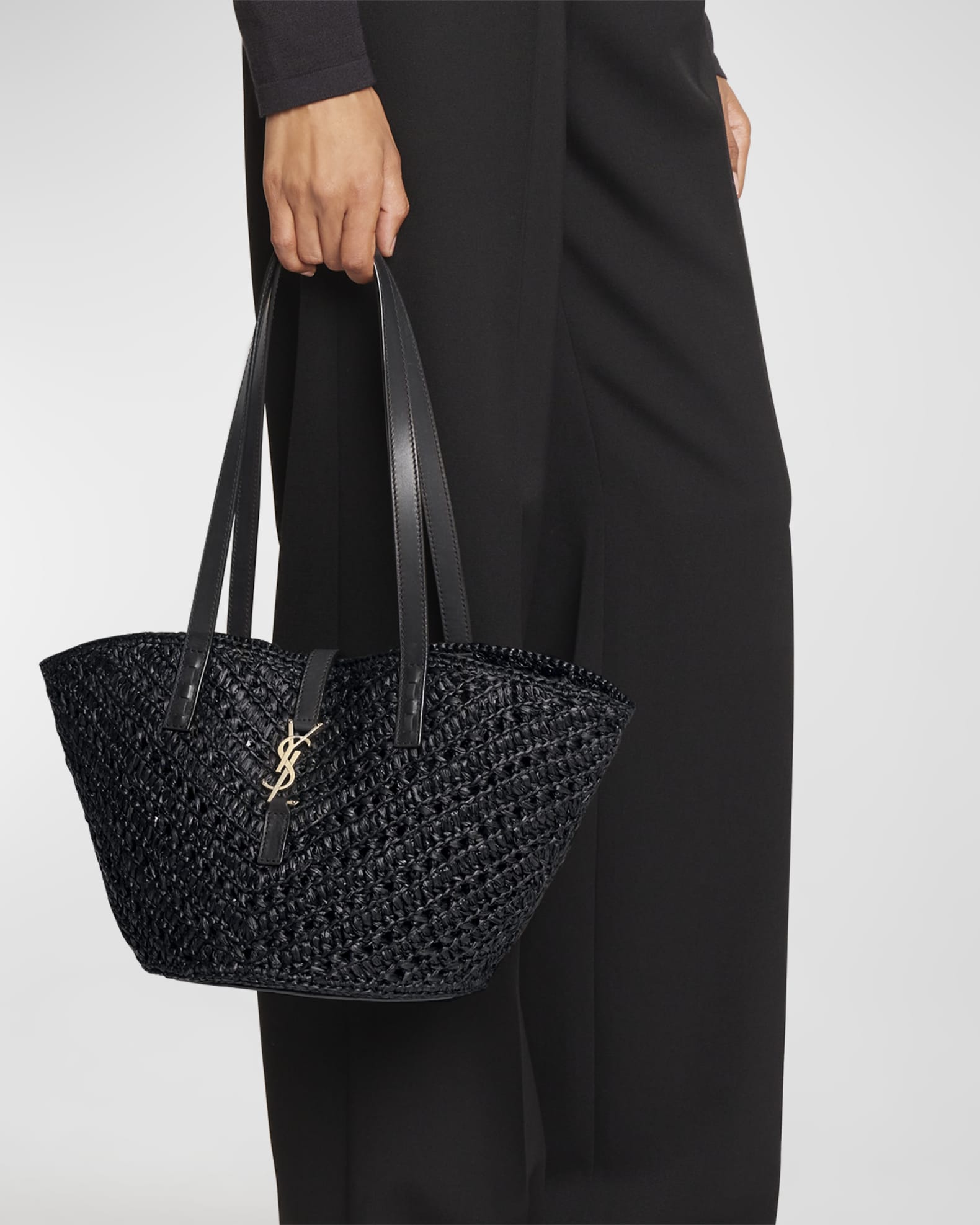 Saint Laurent Black raffia tote bag with monogram