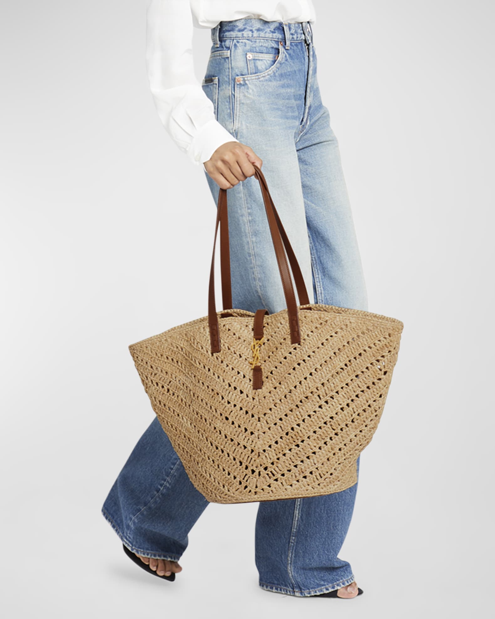 Saint Laurent Panier Medium YSL Tote Bag in Raffia Neiman Marcus