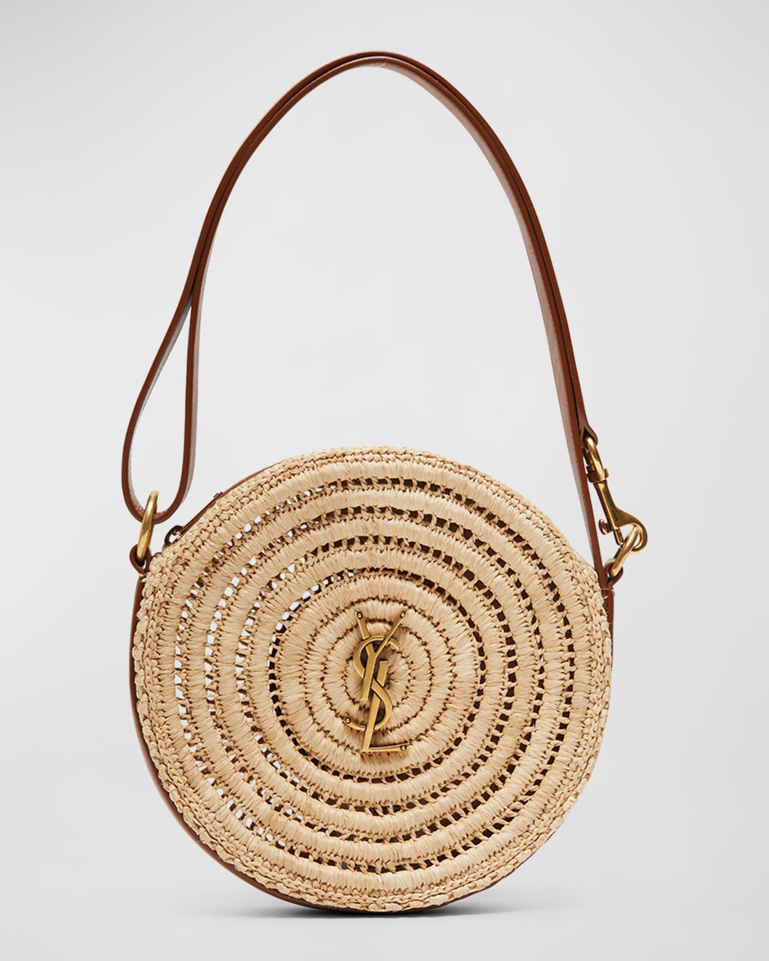 Neutral Round YSL leather and raffia cross-body bag, Saint Laurent