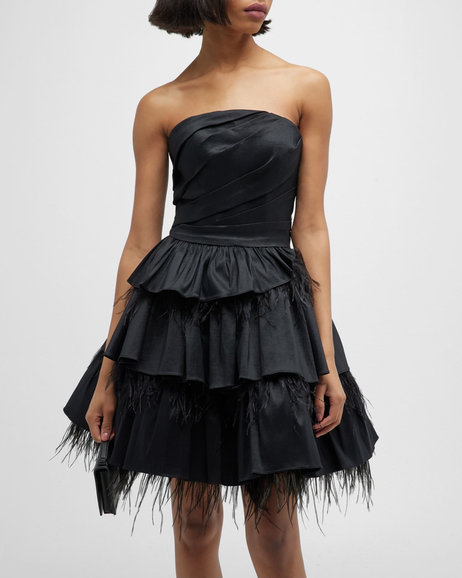 Queena Strapless Feather Trim Mini Lace Dress