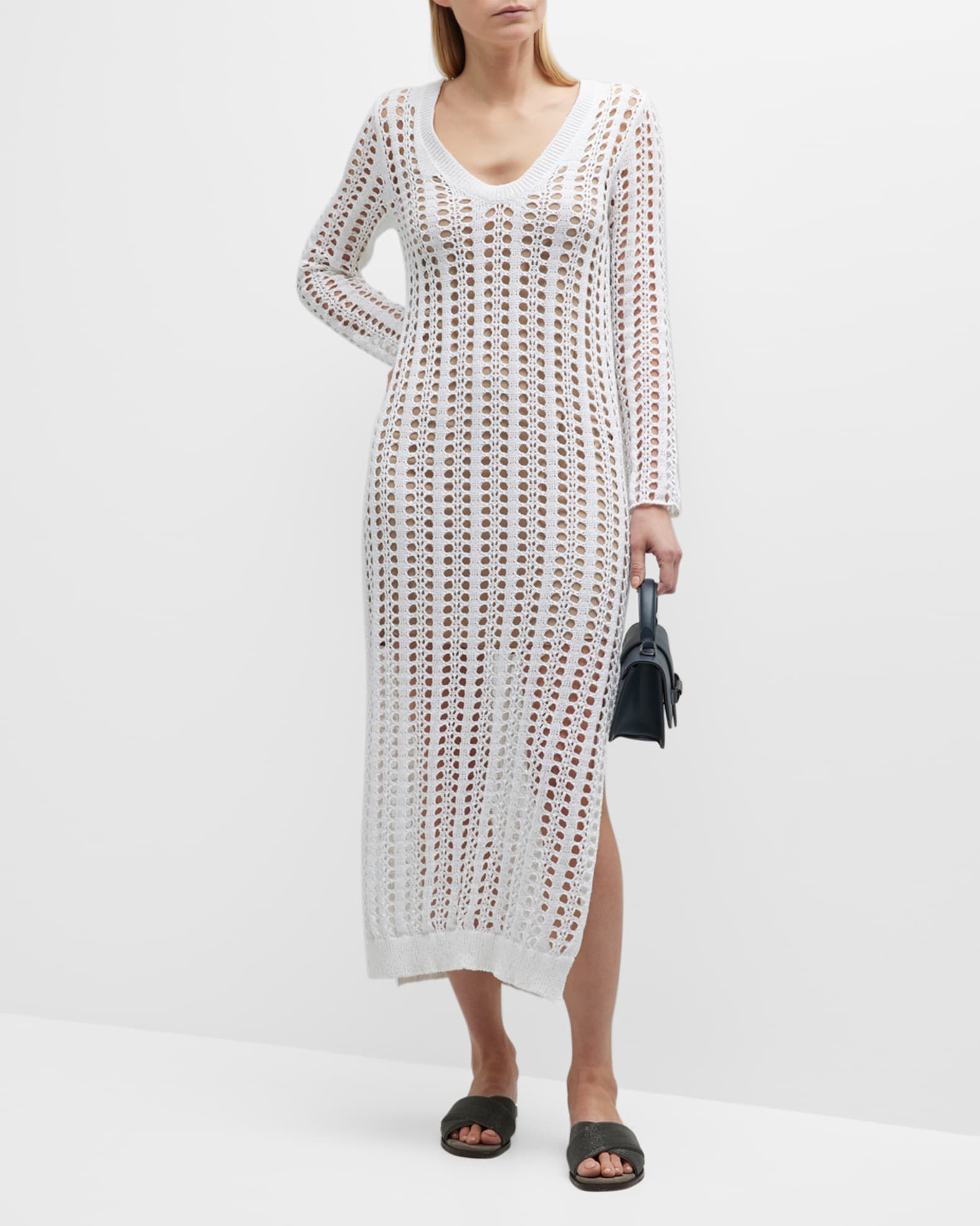 Brunello Cucinelli OpenKnit Crochet Midi Dress Neiman Marcus