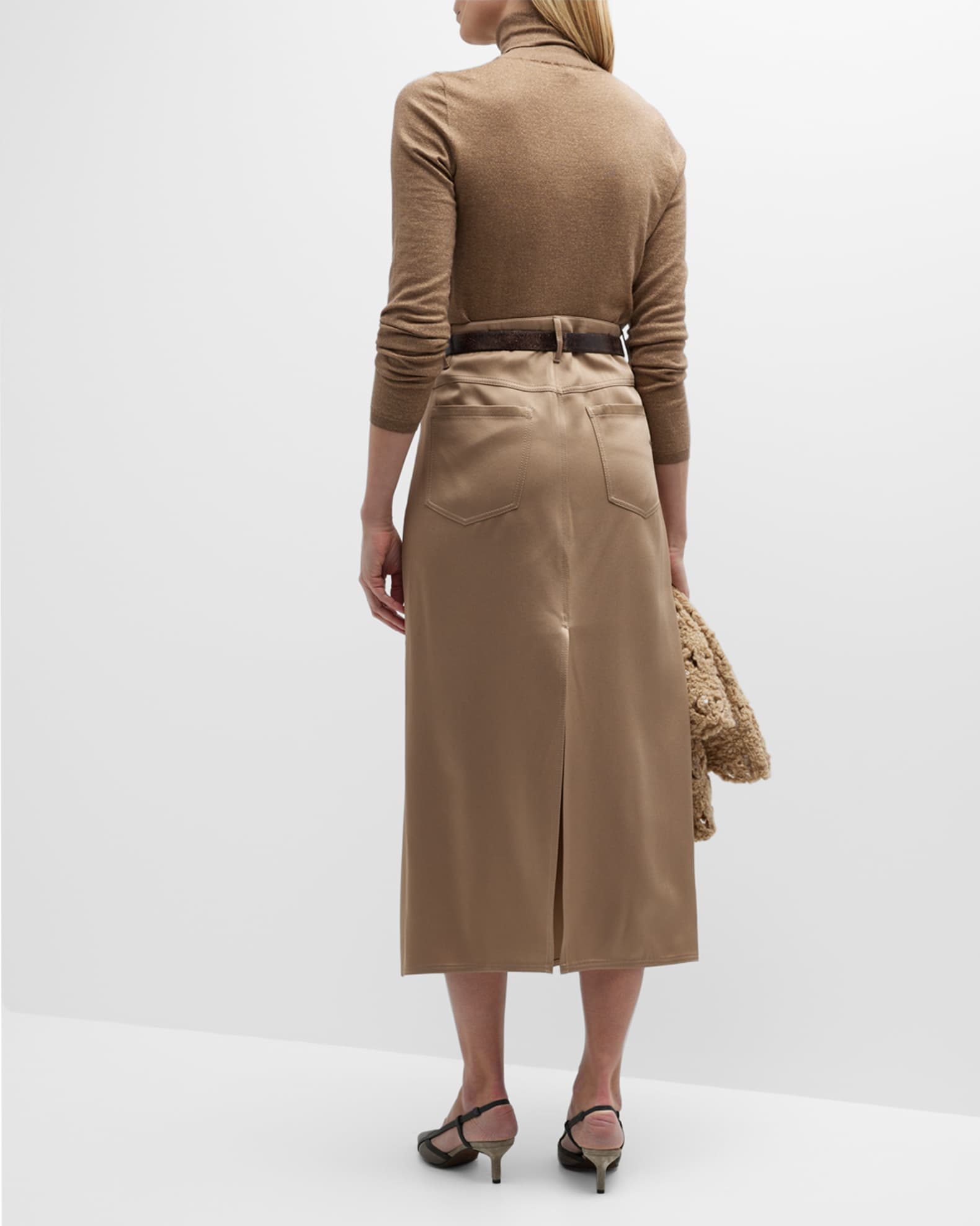 Brunello Cucinelli 5-Pocket Satin Midi Skirt | Neiman Marcus